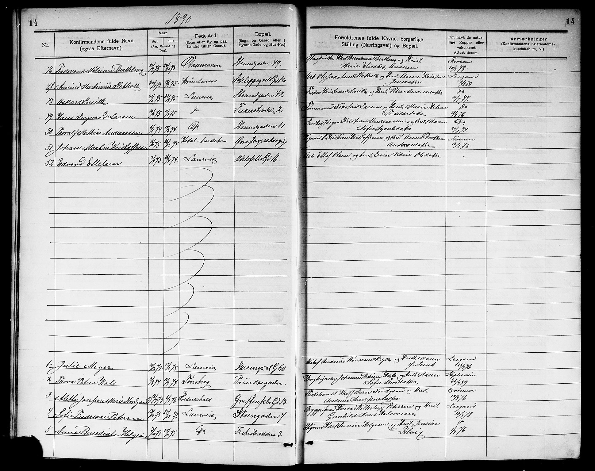 Larvik kirkebøker, SAKO/A-352/G/Ga/L0006: Parish register (copy) no. I 6, 1888-1917, p. 14