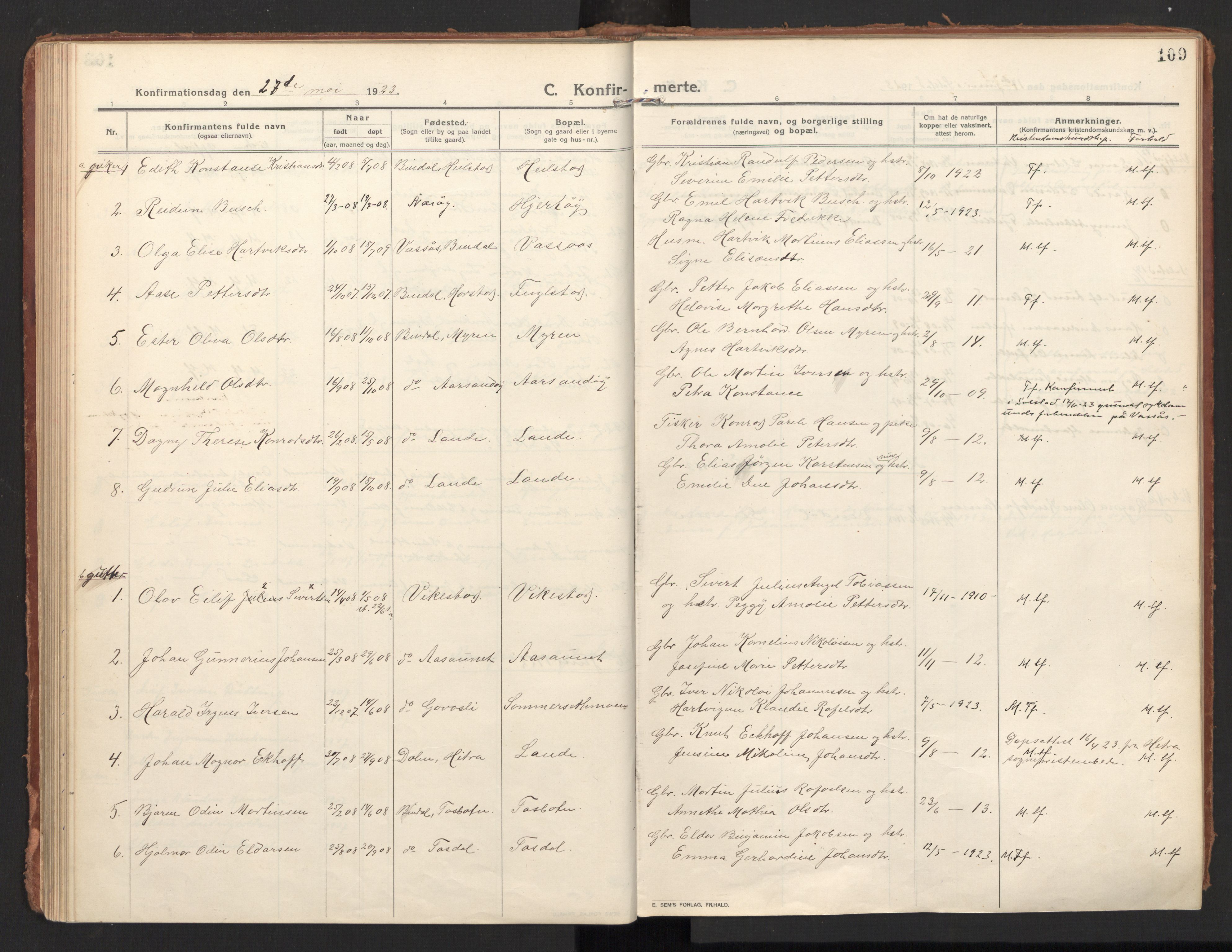 Ministerialprotokoller, klokkerbøker og fødselsregistre - Nordland, SAT/A-1459/810/L0156: Parish register (official) no. 810A15, 1915-1930, p. 109