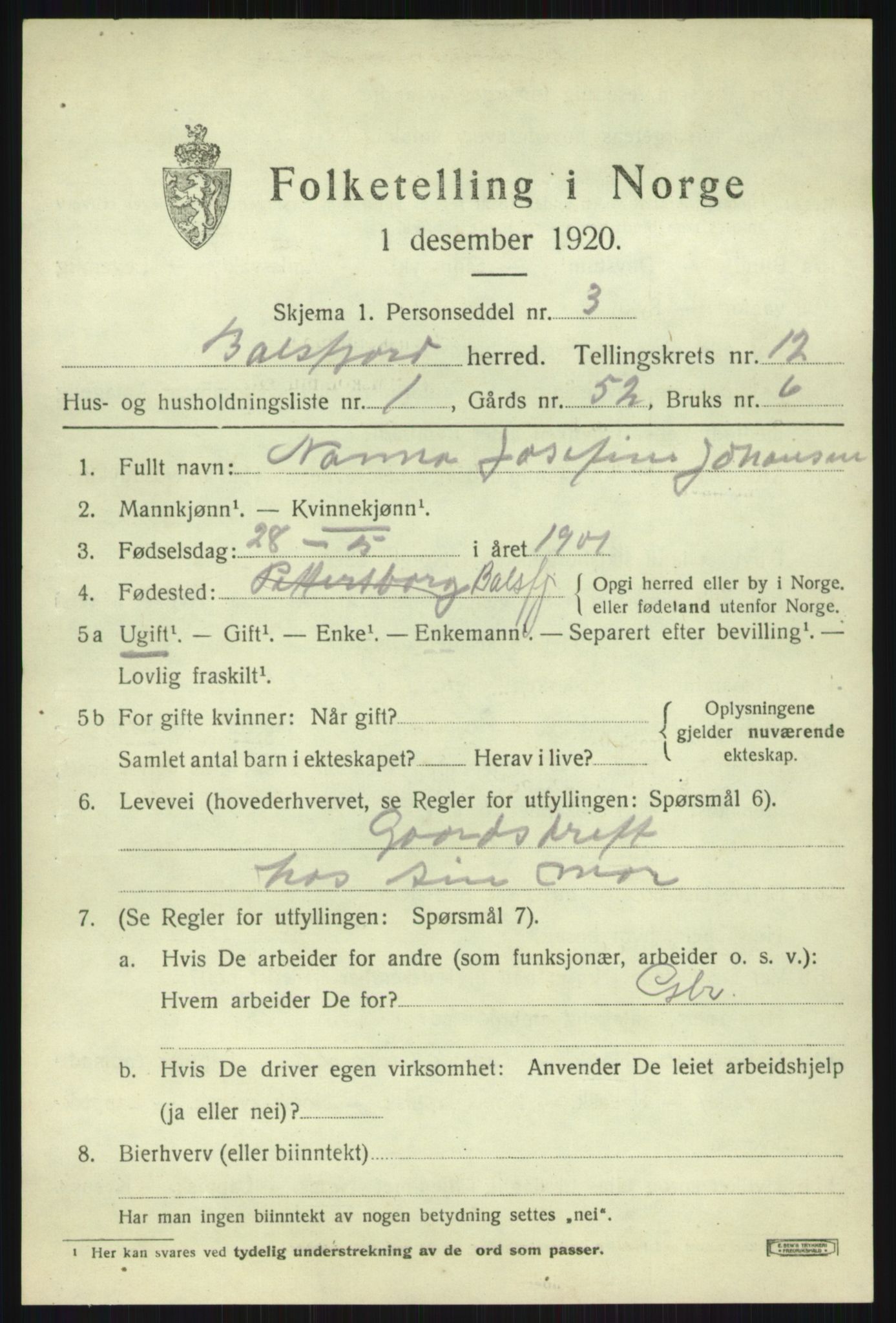 SATØ, 1920 census for Balsfjord, 1920, p. 7213