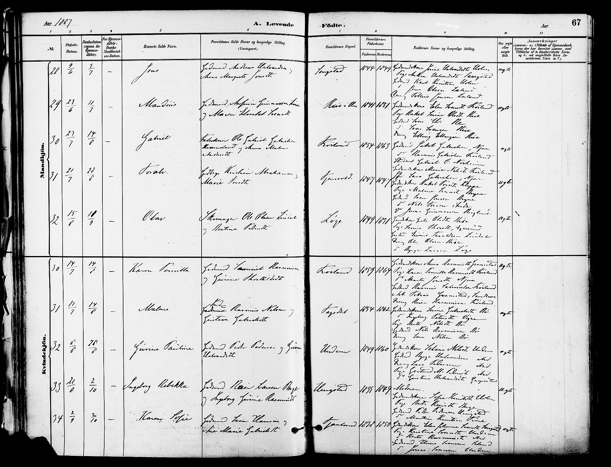 Lye sokneprestkontor, SAST/A-101794/001/30BA/L0009: Parish register (official) no. A 8, 1881-1892, p. 67
