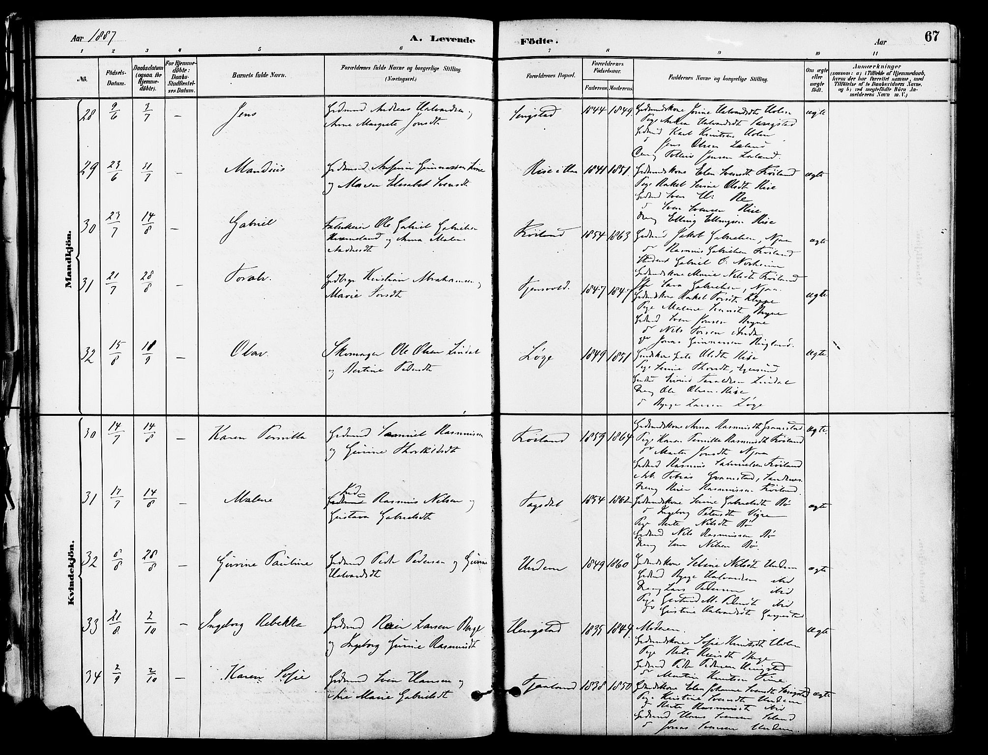 Lye sokneprestkontor, AV/SAST-A-101794/001/30BA/L0009: Parish register (official) no. A 8, 1881-1892, p. 67