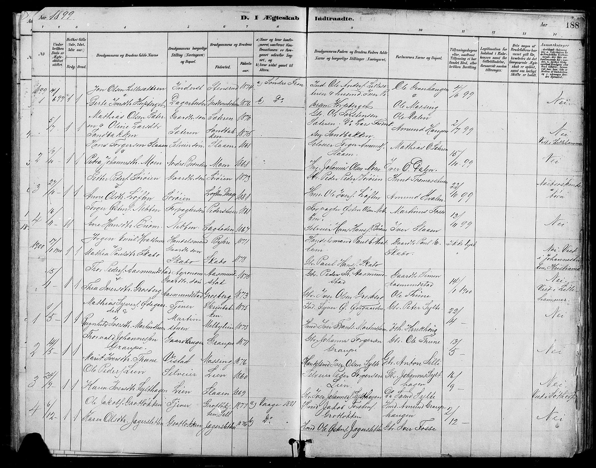 Nord-Fron prestekontor, SAH/PREST-080/H/Ha/Hab/L0005: Parish register (copy) no. 5, 1884-1914, p. 188