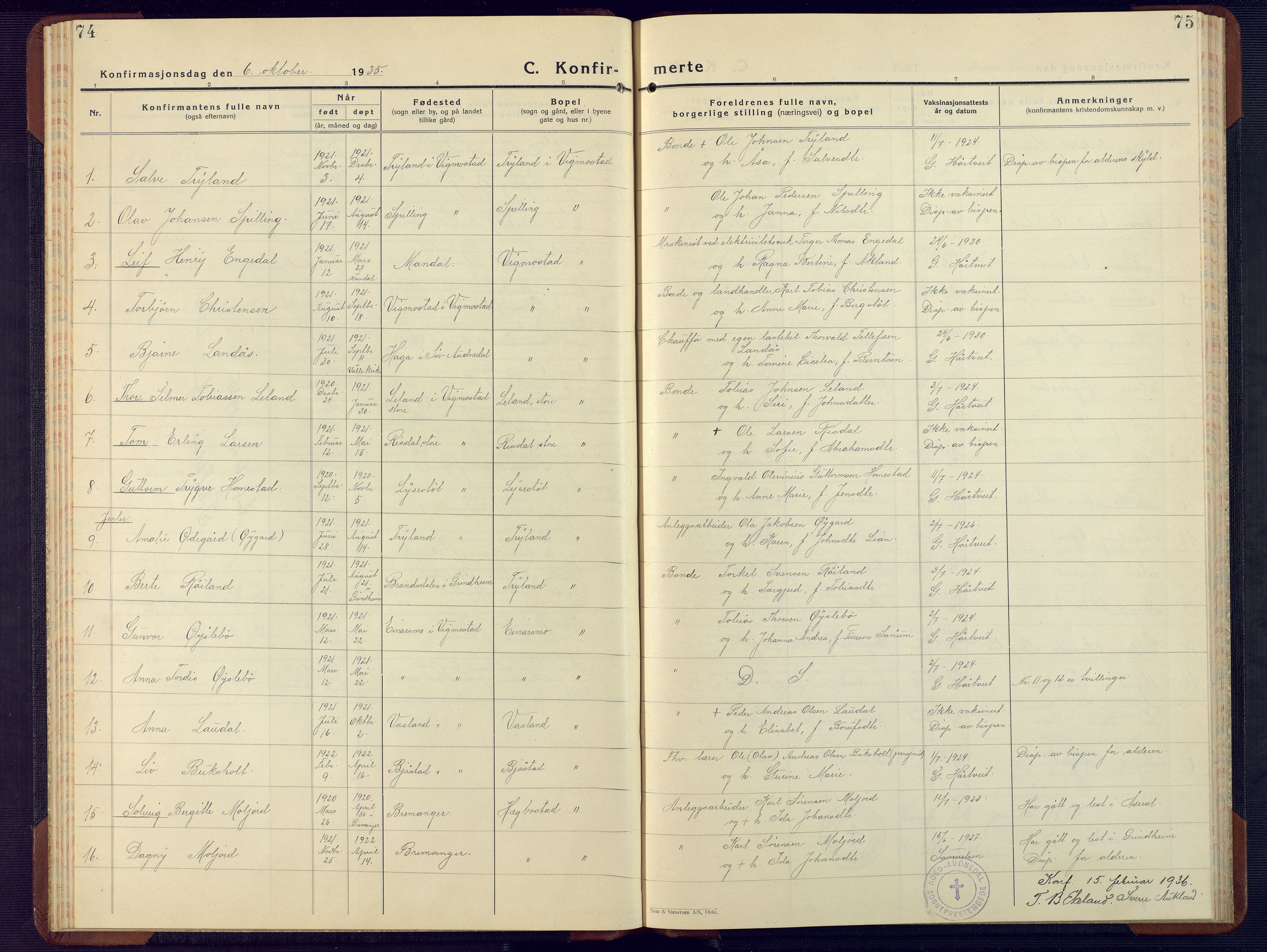 Nord-Audnedal sokneprestkontor, SAK/1111-0032/F/Fb/Fbb/L0006: Parish register (copy) no. B 6, 1930-1948, p. 74-75