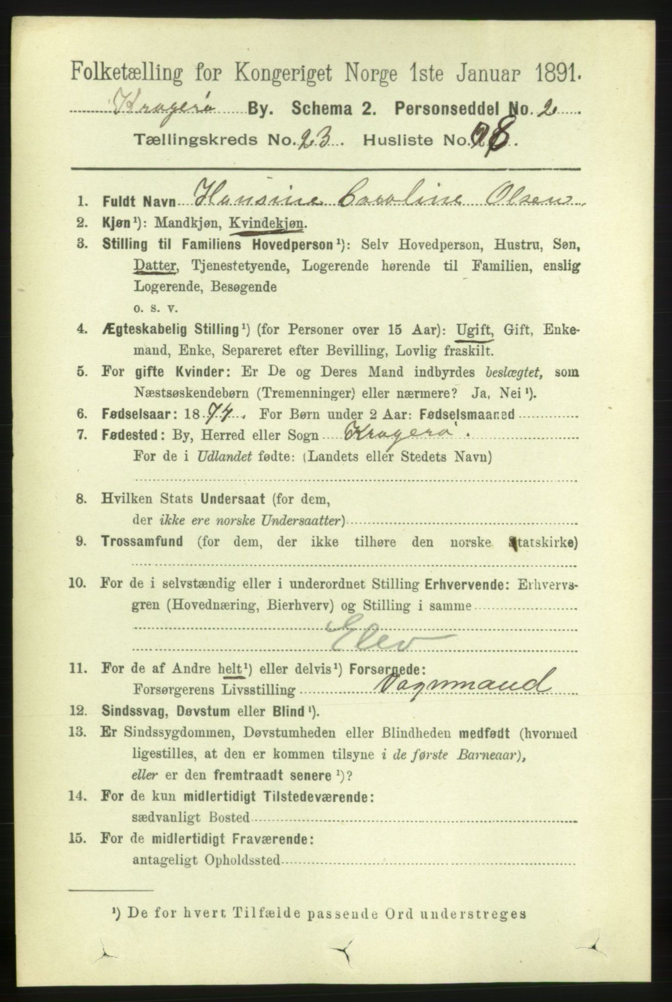 RA, 1891 census for 0801 Kragerø, 1891, p. 4984