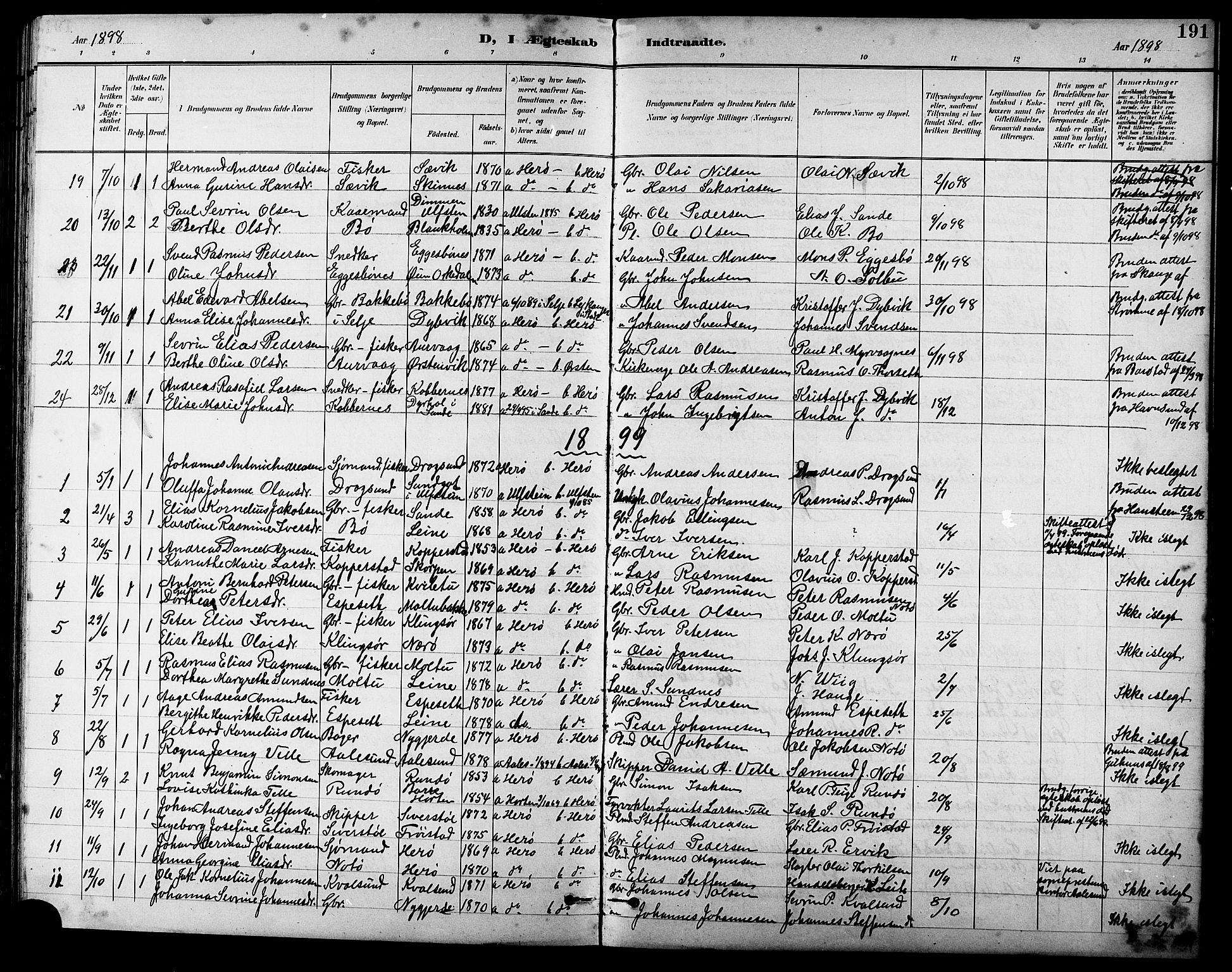 Ministerialprotokoller, klokkerbøker og fødselsregistre - Møre og Romsdal, SAT/A-1454/507/L0082: Parish register (copy) no. 507C05, 1896-1914, p. 191