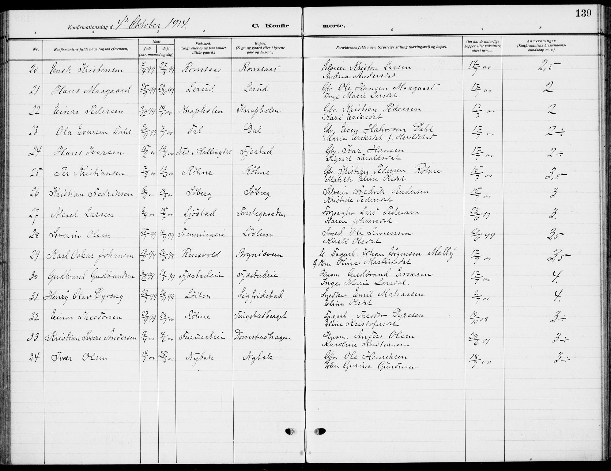 Romedal prestekontor, AV/SAH-PREST-004/K/L0012: Parish register (official) no. 12, 1913-1935, p. 139
