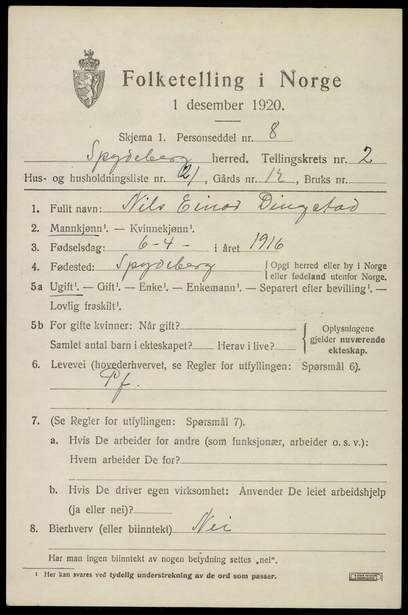 SAO, 1920 census for Spydeberg, 1920, p. 3087