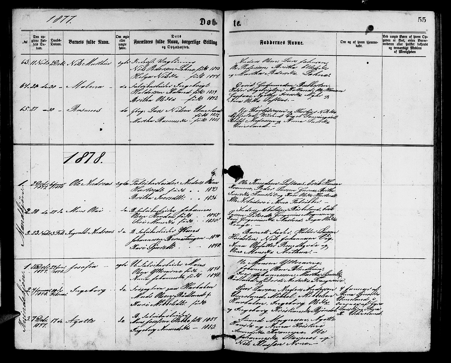 Arna Sokneprestembete, SAB/A-74001/H/Ha/Hab: Parish register (copy) no. A 1, 1869-1879, p. 55