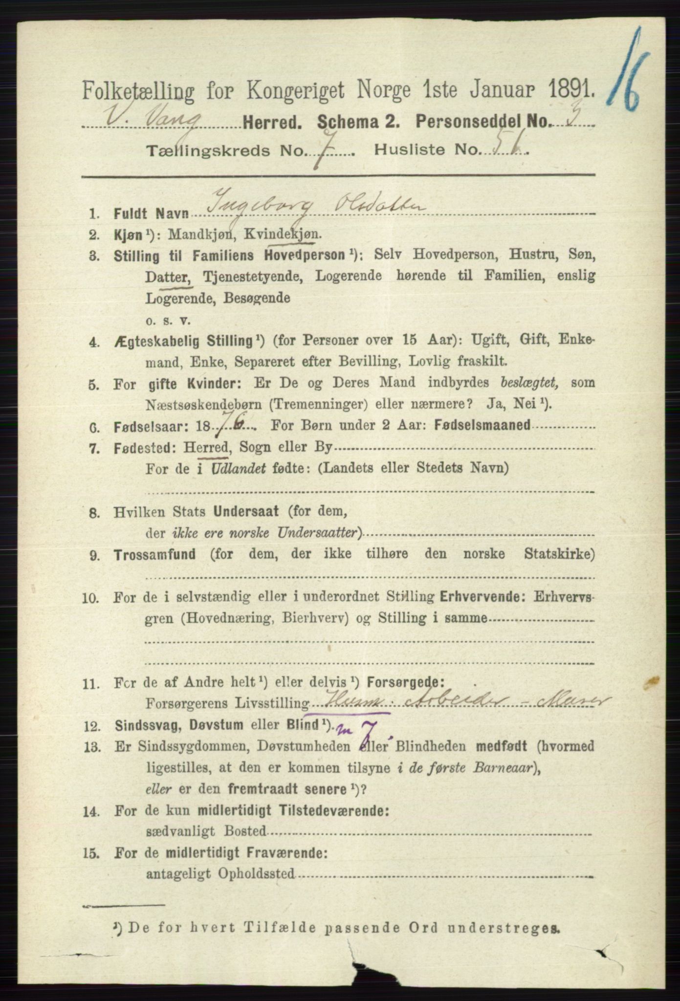 RA, 1891 census for 0545 Vang, 1891, p. 1724