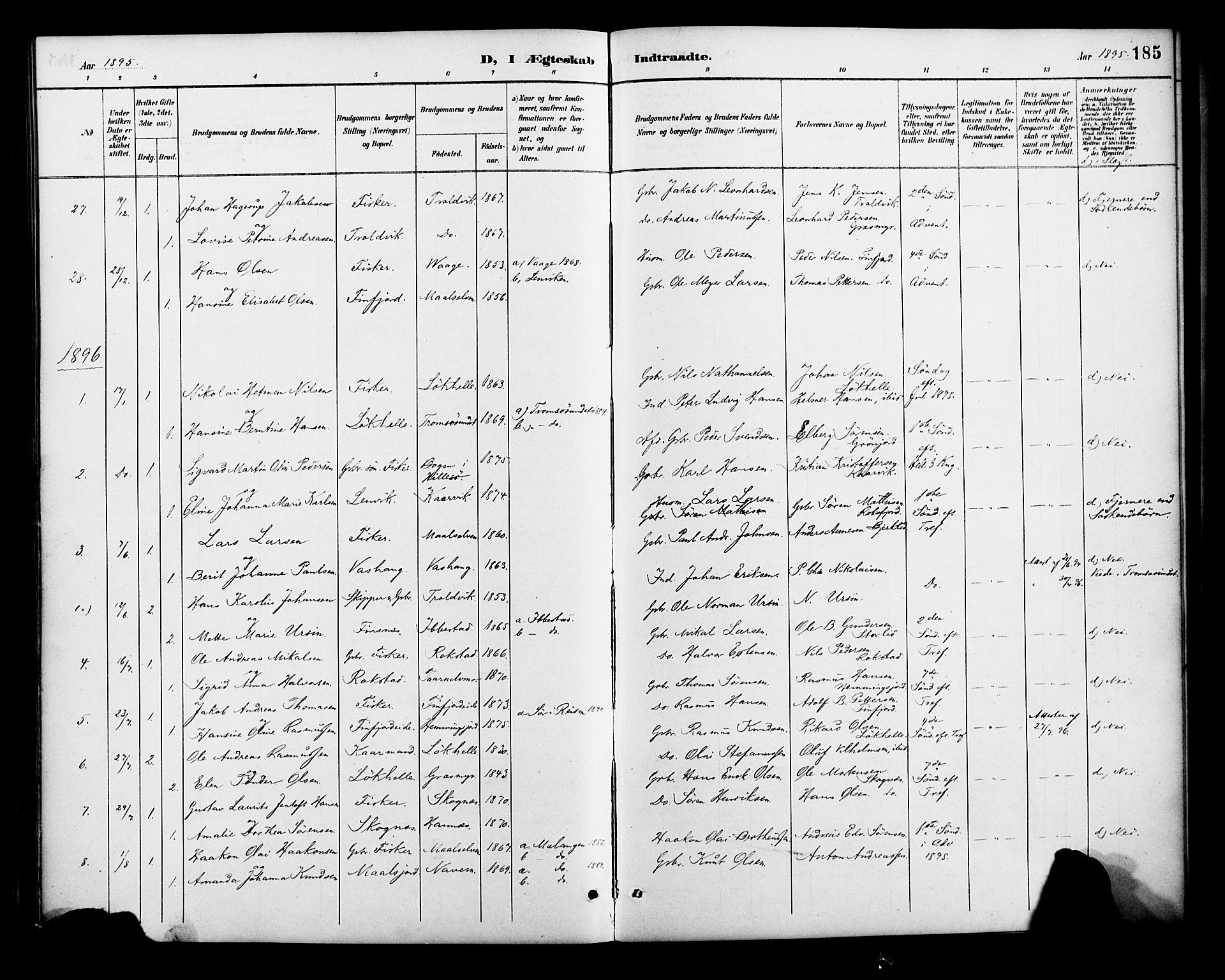 Lenvik sokneprestembete, SATØ/S-1310/H/Ha/Haa/L0013kirke: Parish register (official) no. 13, 1890-1898, p. 185