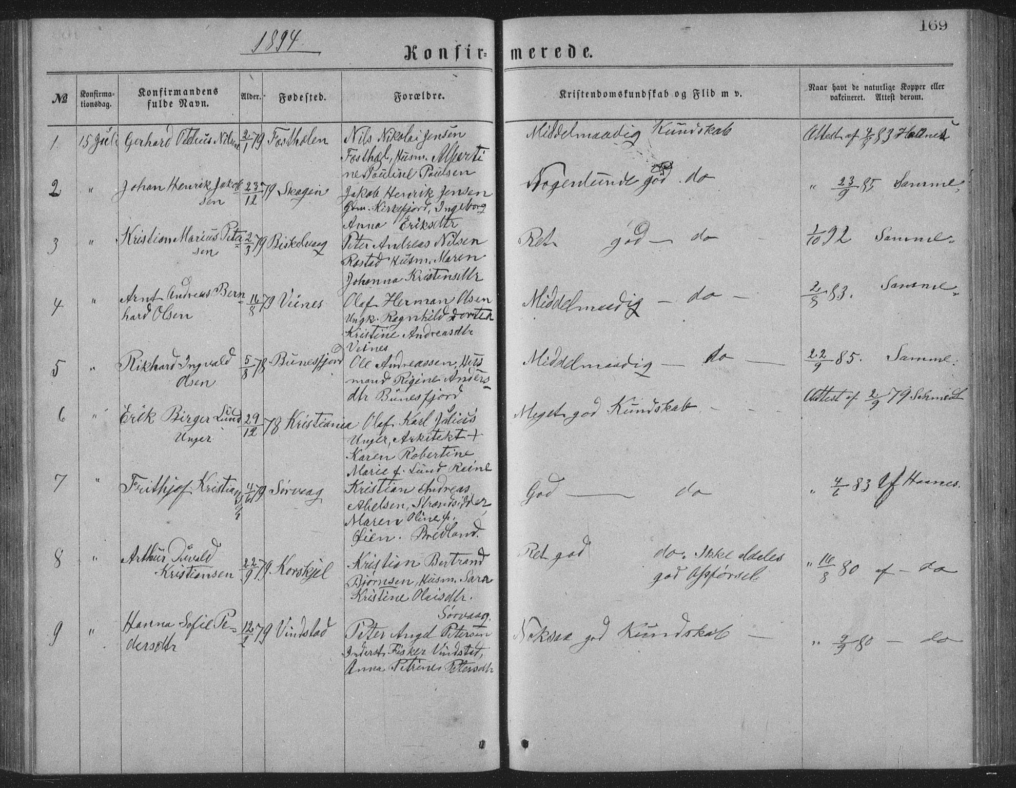 Ministerialprotokoller, klokkerbøker og fødselsregistre - Nordland, AV/SAT-A-1459/886/L1225: Parish register (copy) no. 886C02, 1874-1896, p. 169