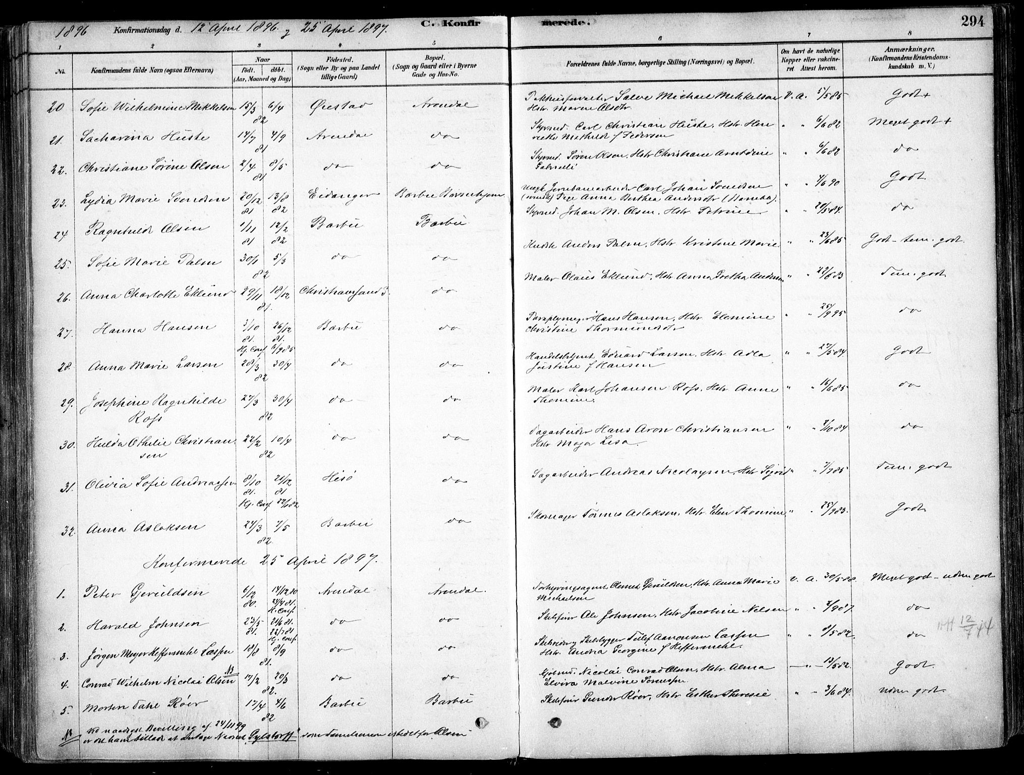 Arendal sokneprestkontor, Trefoldighet, SAK/1111-0040/F/Fa/L0008: Parish register (official) no. A 8, 1878-1899, p. 294