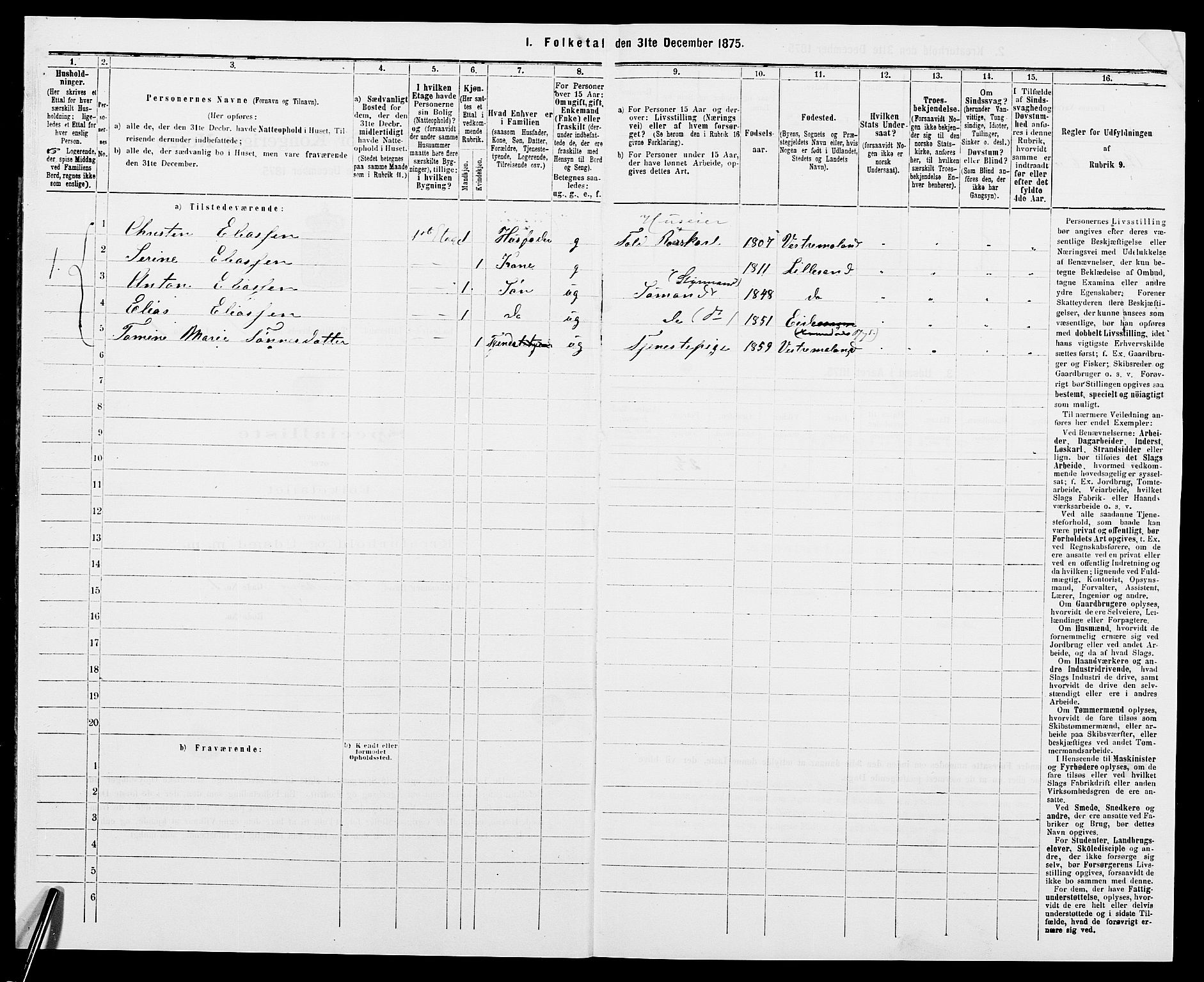 SAK, 1875 census for 0905B Vestre Moland/Lillesand, 1875, p. 10