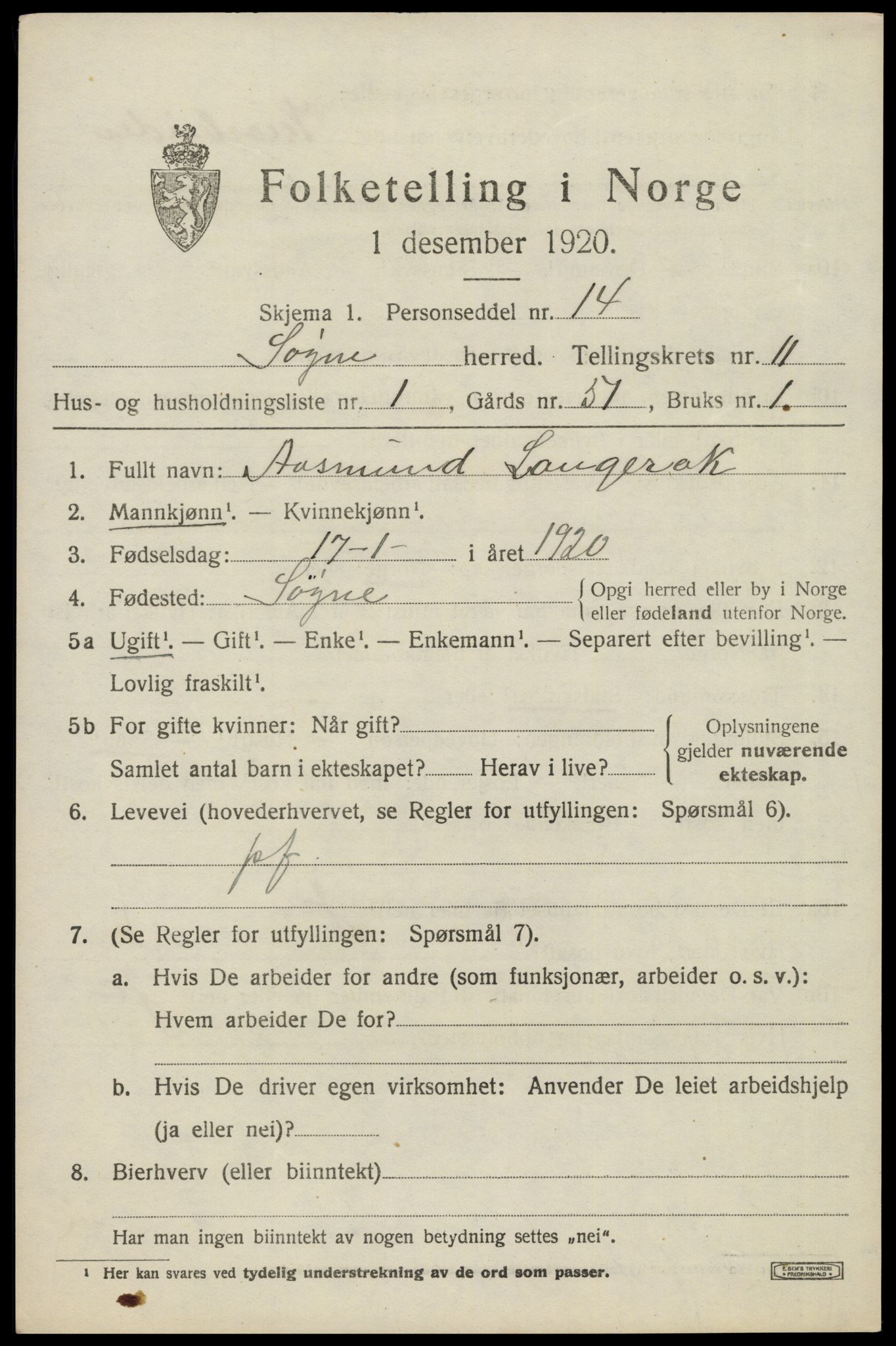 SAK, 1920 census for Søgne, 1920, p. 5625