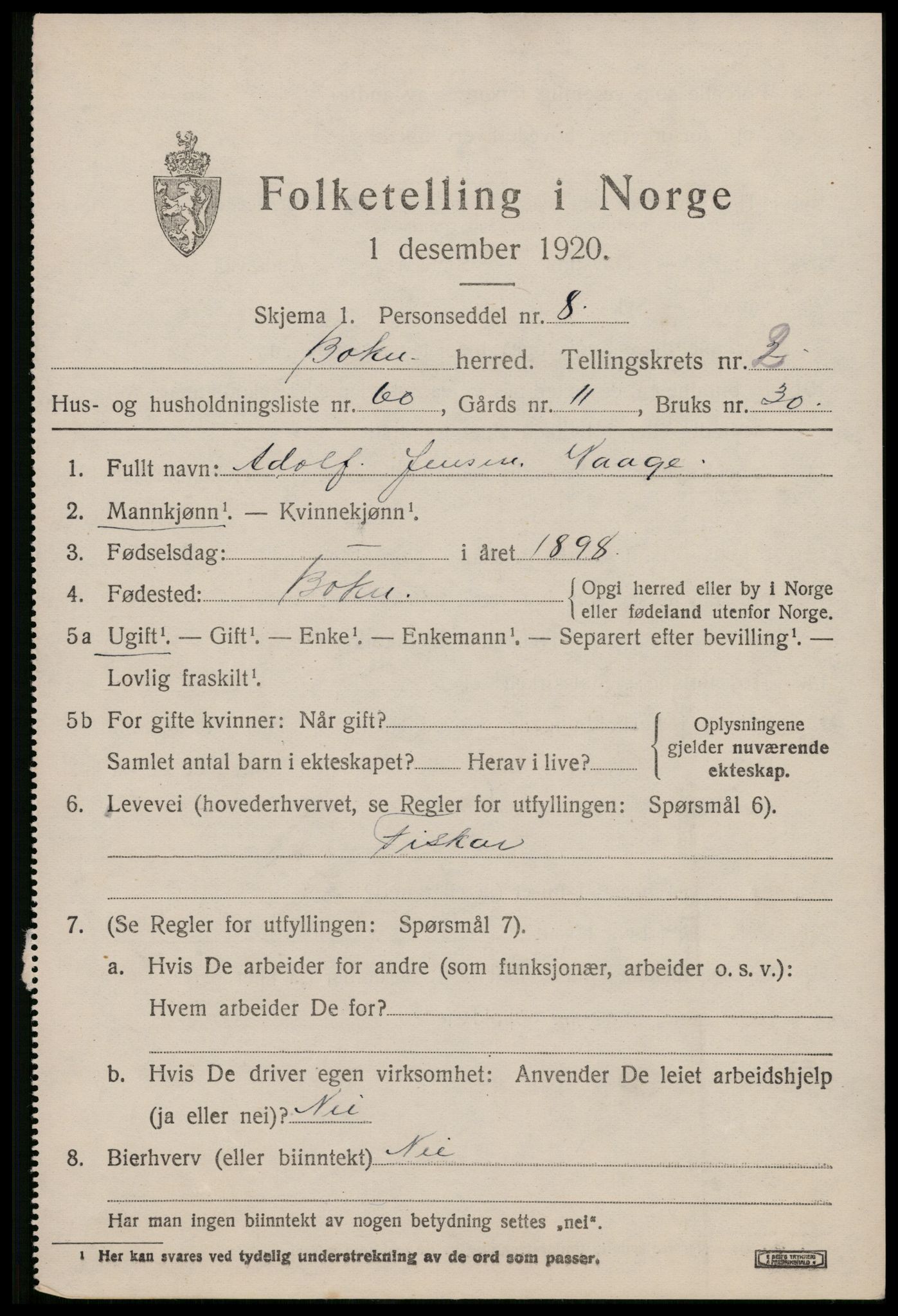 SAST, 1920 census for Bokn, 1920, p. 1310