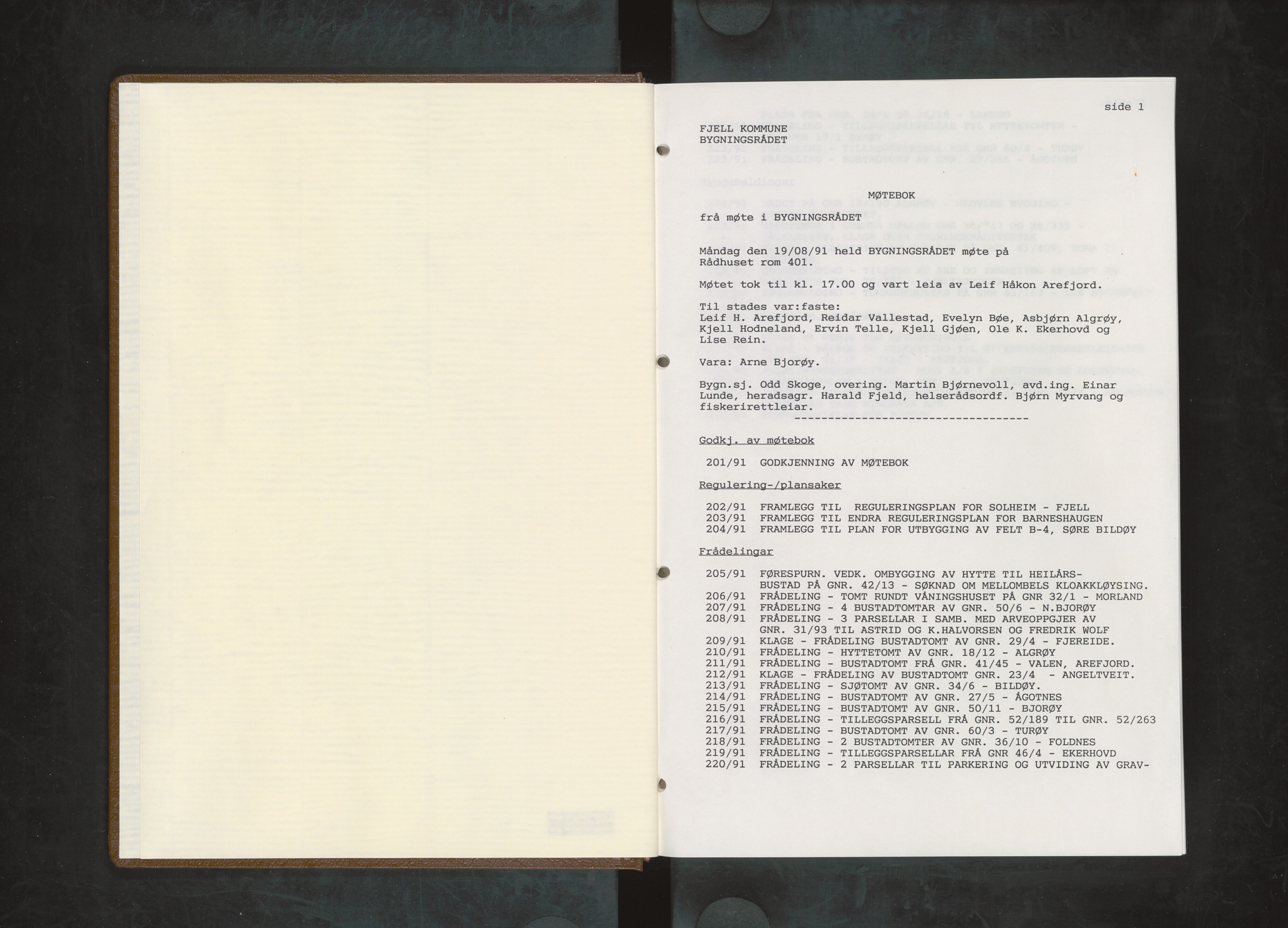Fjell kommune. Bygningsrådet, IKAH/1246-511/A/Aa/L0031: Møtebok for Fjell bygningsråd, 1991