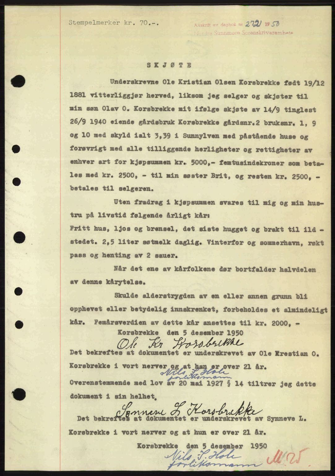 Nordre Sunnmøre sorenskriveri, AV/SAT-A-0006/1/2/2C/2Ca: Mortgage book no. A36, 1950-1950, Diary no: : 2721/1950