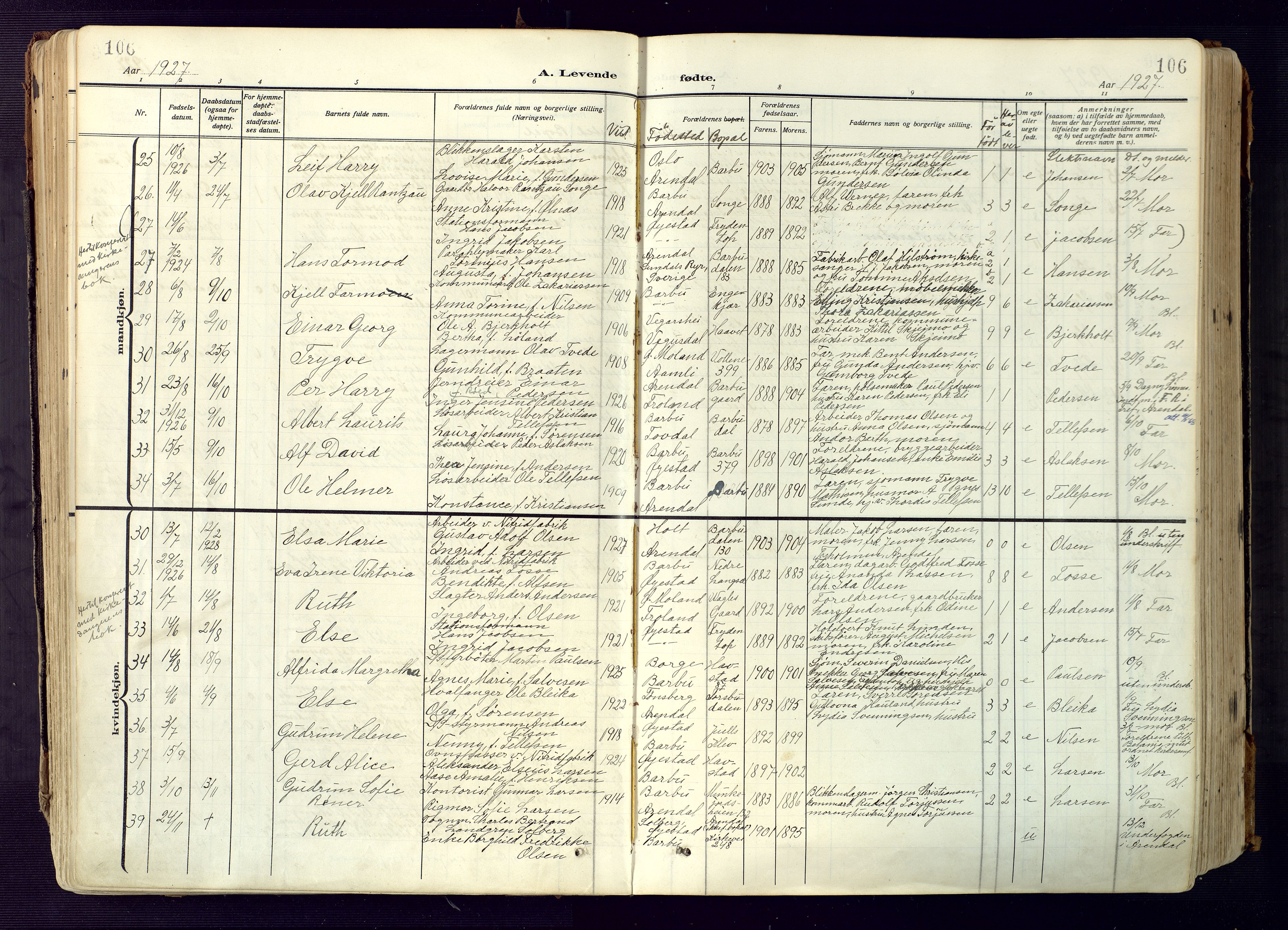 Barbu sokneprestkontor, AV/SAK-1111-0003/F/Fa/L0006: Parish register (official) no. A 6, 1910-1929, p. 106