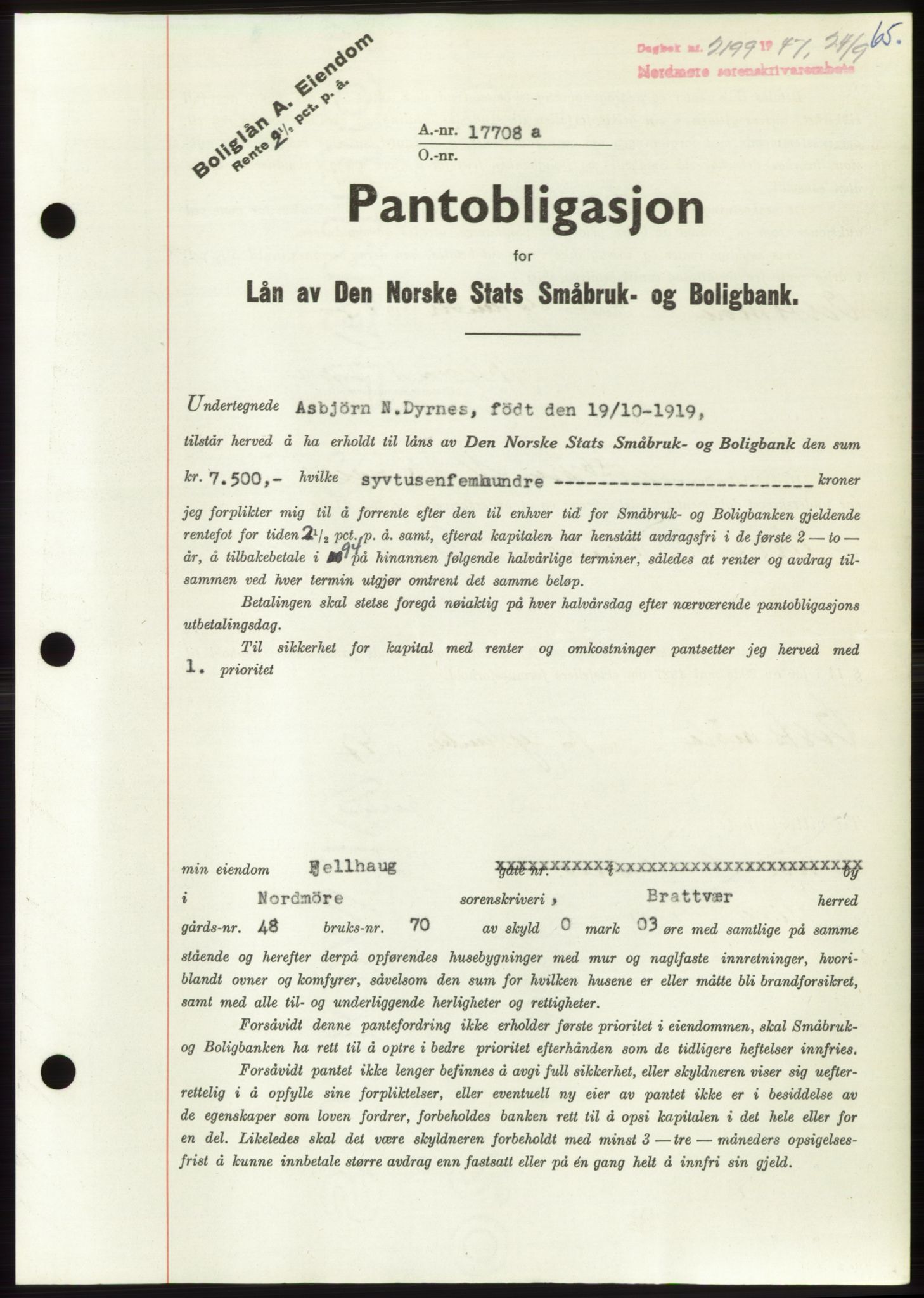 Nordmøre sorenskriveri, AV/SAT-A-4132/1/2/2Ca: Mortgage book no. B97, 1947-1948, Diary no: : 2199/1947