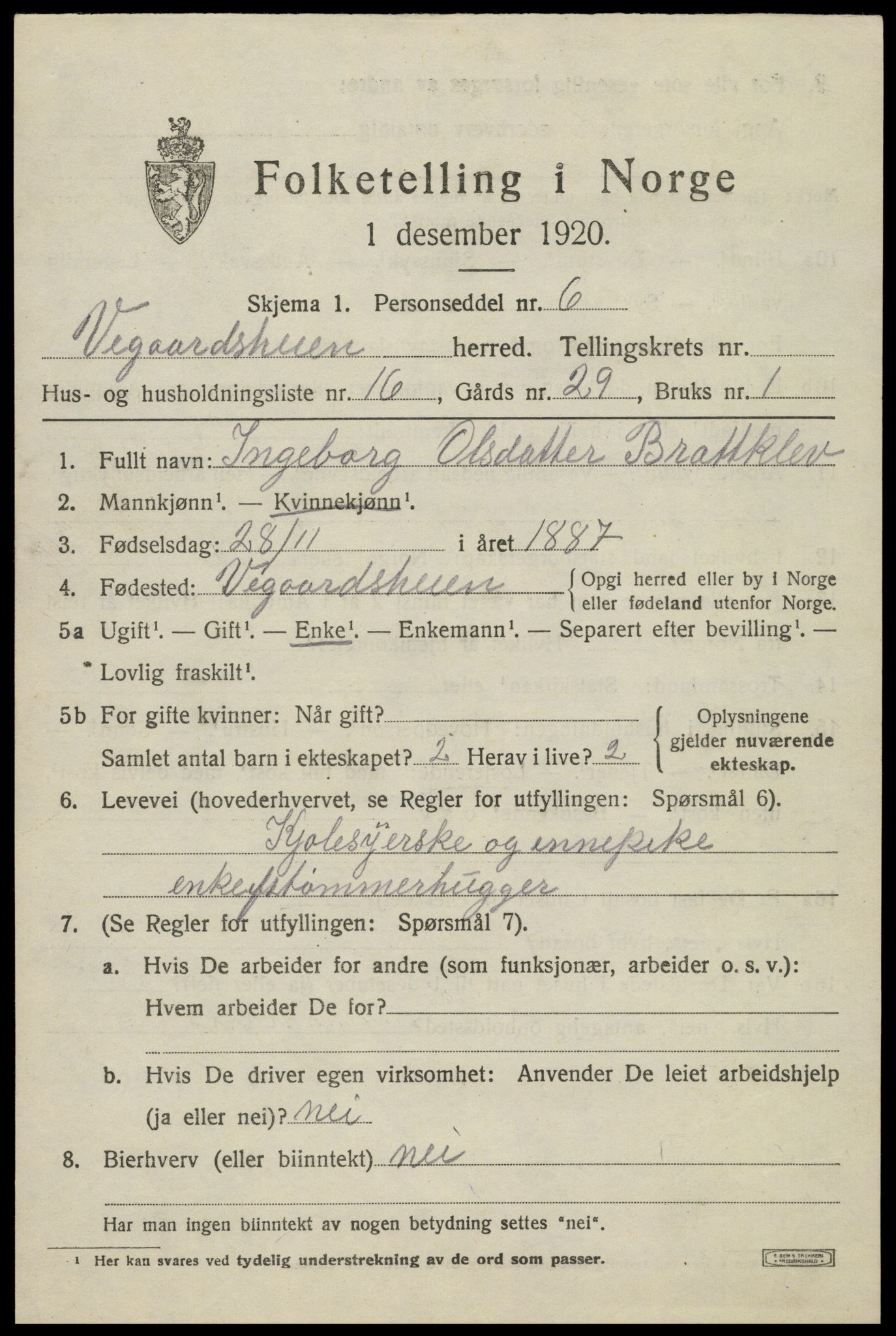 SAK, 1920 census for Vegårshei, 1920, p. 2926