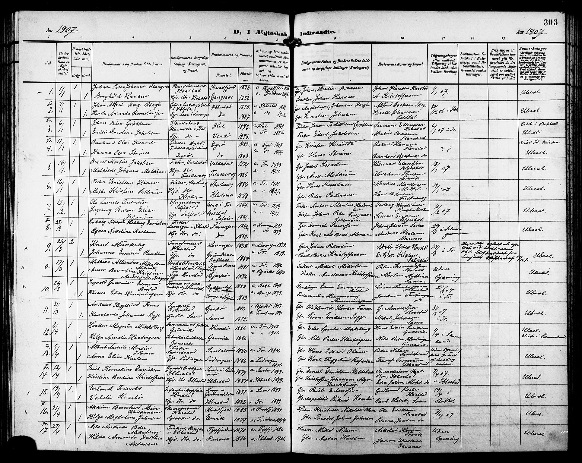 Trondenes sokneprestkontor, SATØ/S-1319/H/Hb/L0012klokker: Parish register (copy) no. 12, 1907-1916, p. 303