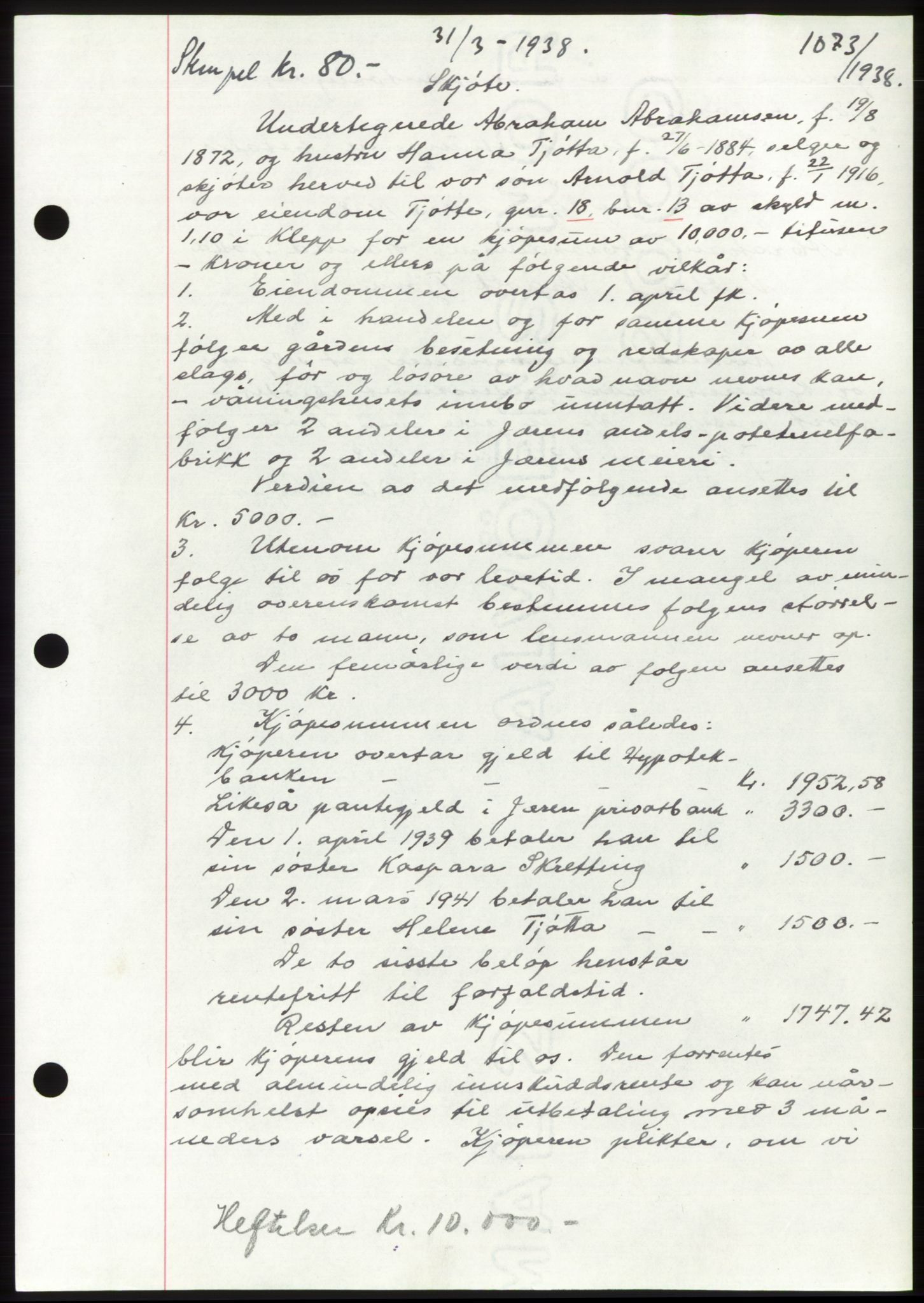 Jæren sorenskriveri, SAST/A-100310/03/G/Gba/L0070: Mortgage book, 1938-1938, Diary no: : 1073/1938
