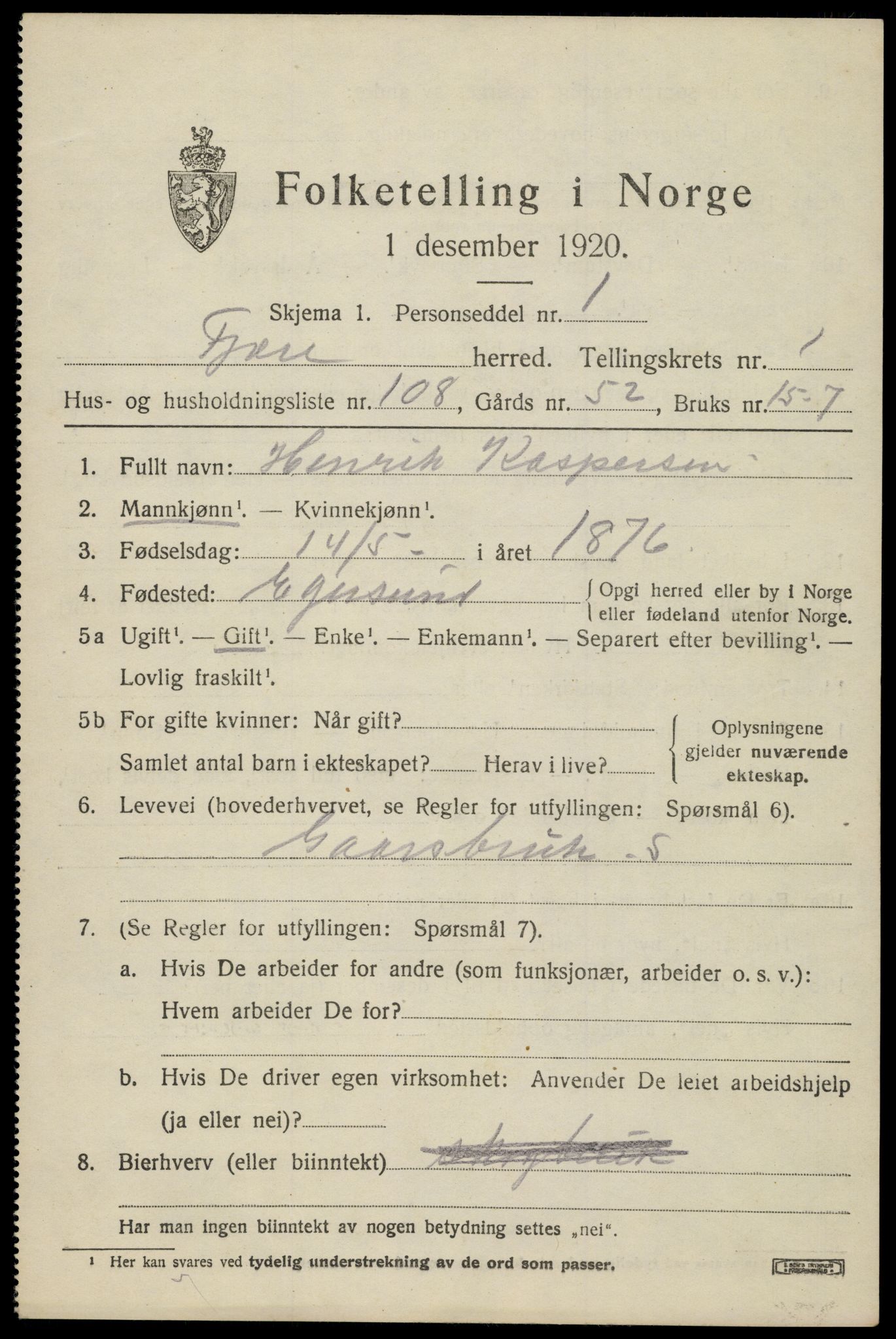 SAK, 1920 census for Fjære, 1920, p. 3247