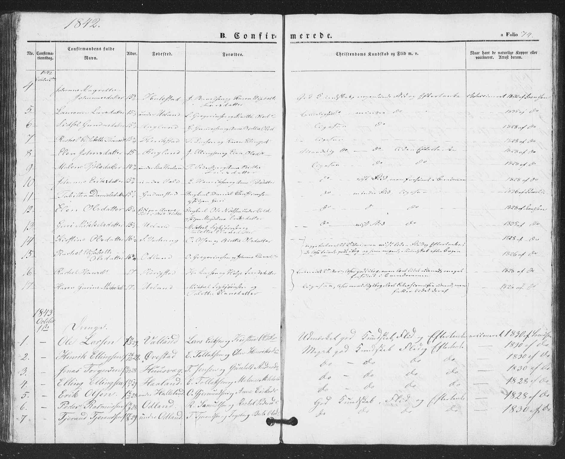 Hå sokneprestkontor, AV/SAST-A-101801/001/30BA/L0007: Parish register (official) no. A 6, 1842-1855, p. 74