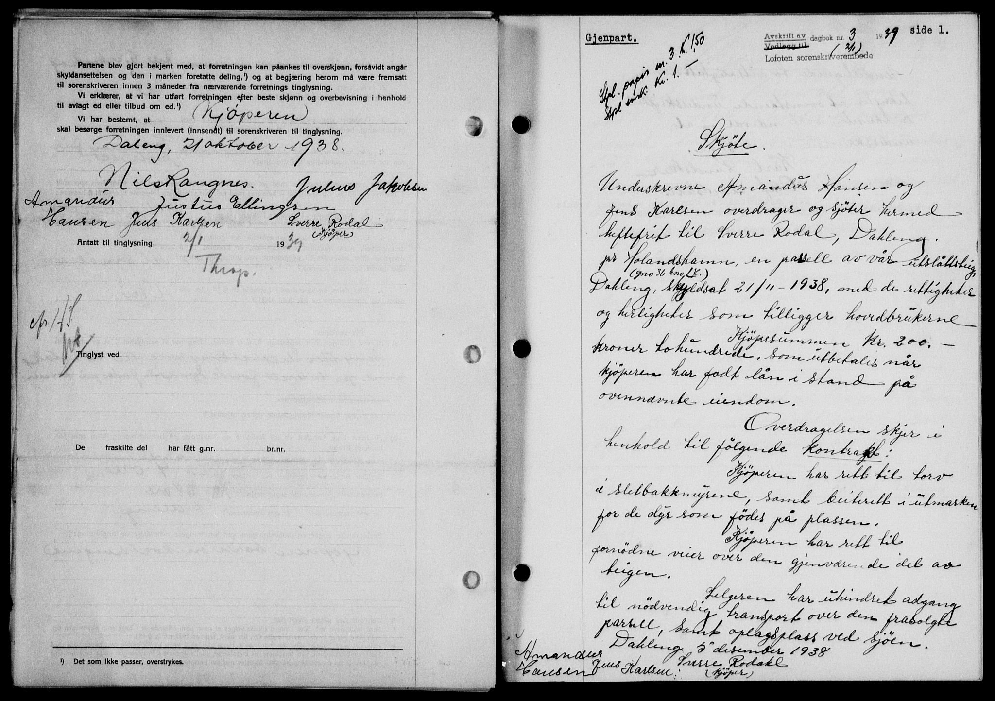 Lofoten sorenskriveri, SAT/A-0017/1/2/2C/L0005a: Mortgage book no. 5a, 1939-1939, Diary no: : 3/1939