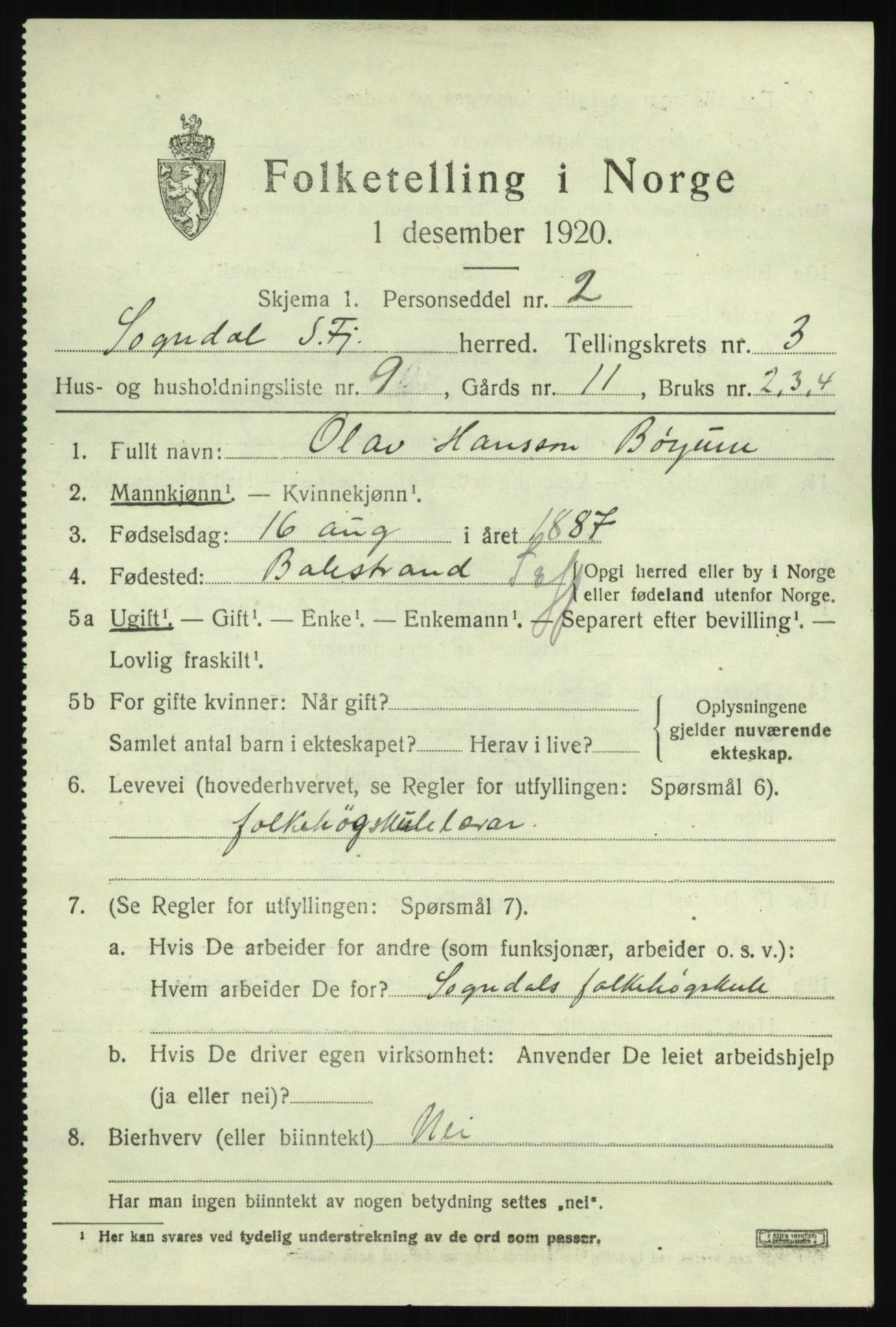 SAB, 1920 census for Sogndal, 1920, p. 2203