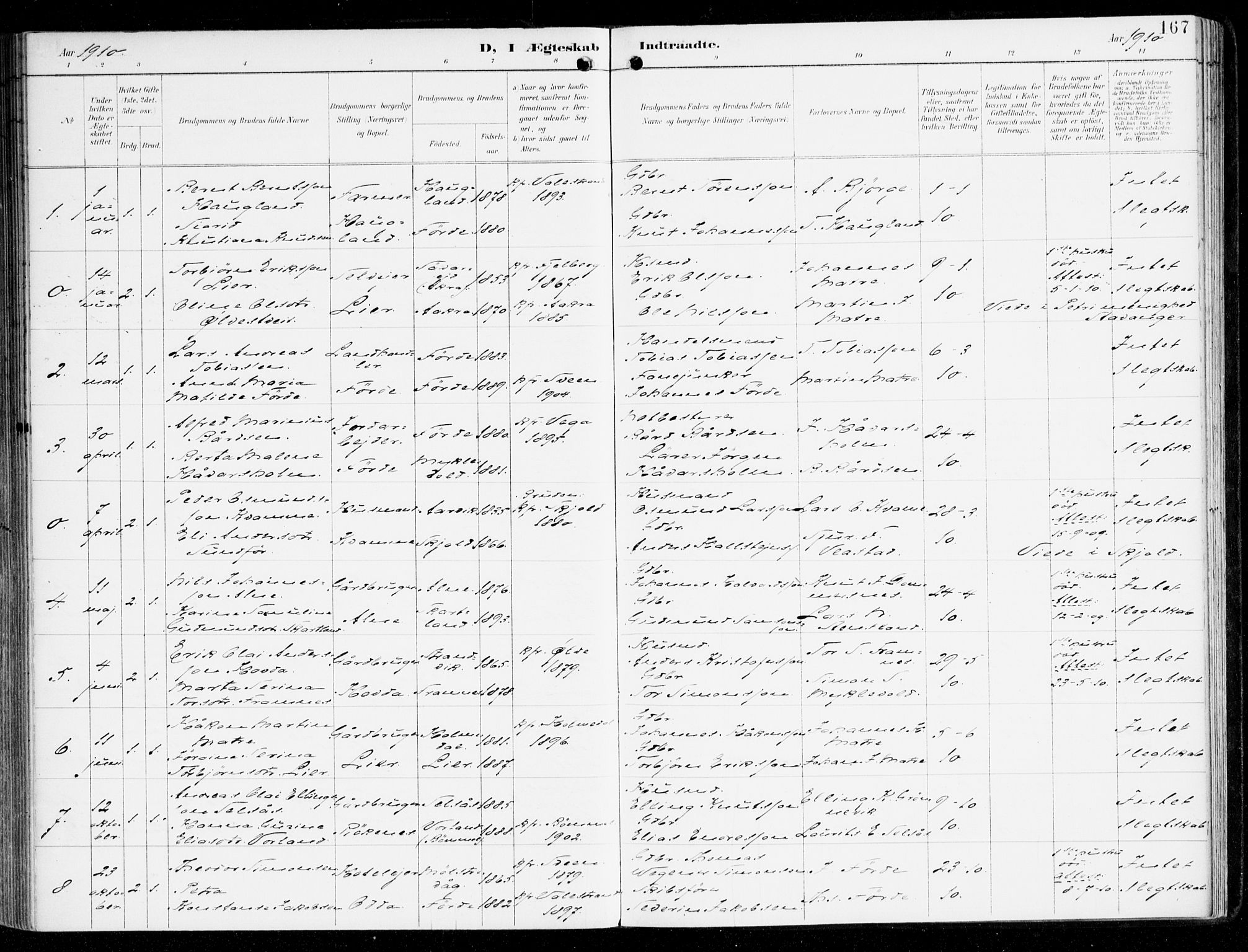 Sveio Sokneprestembete, SAB/A-78501/H/Haa: Parish register (official) no. D 2, 1894-1916, p. 167