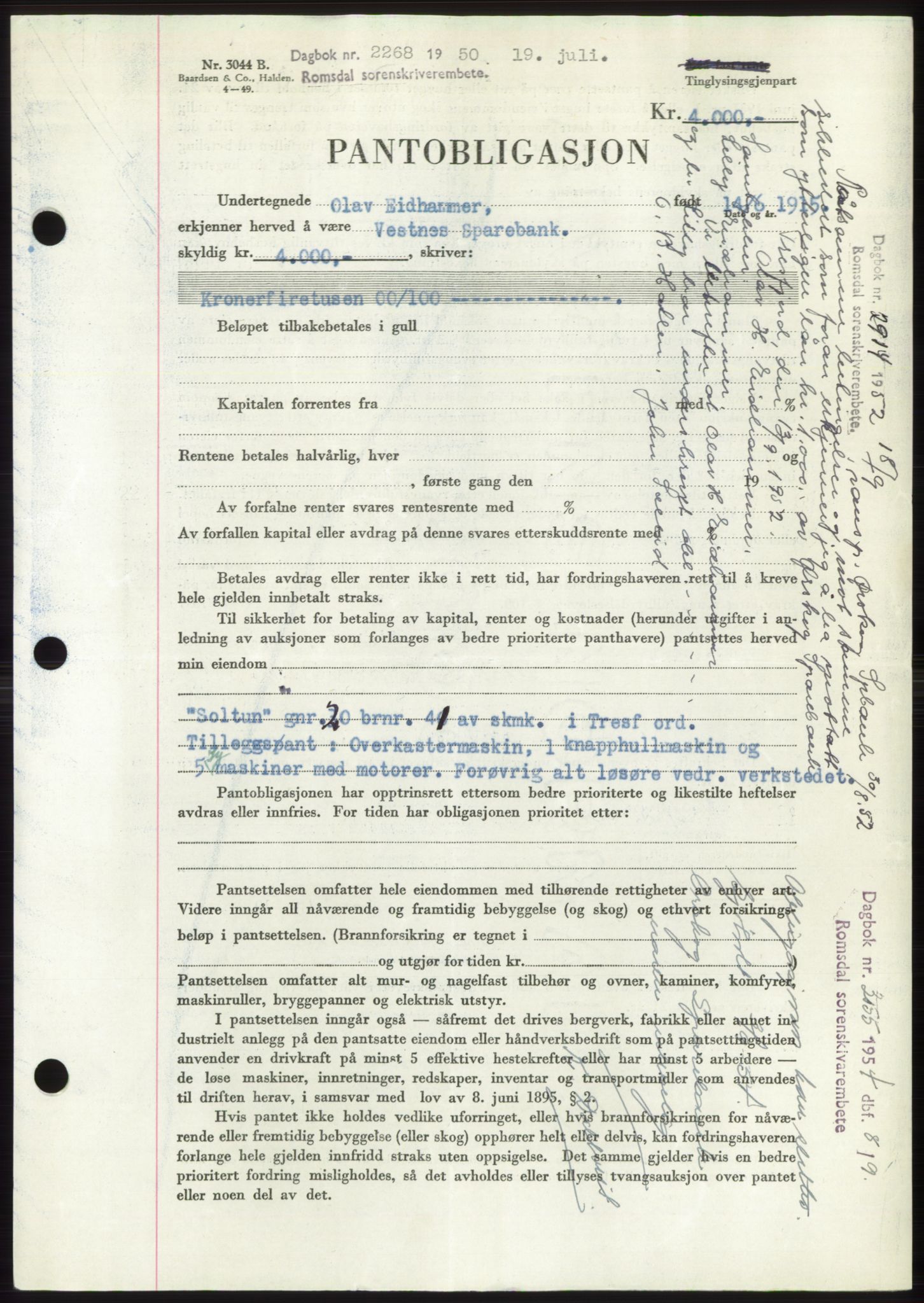 Romsdal sorenskriveri, AV/SAT-A-4149/1/2/2C: Mortgage book no. B5, 1949-1950, Diary no: : 2268/1950