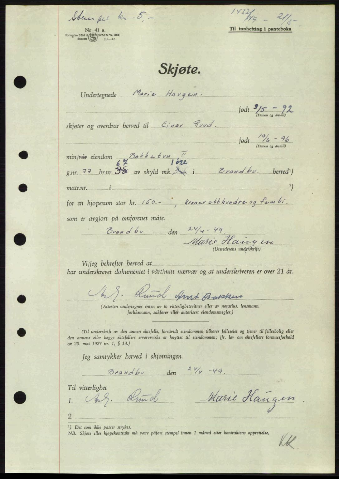 Hadeland og Land tingrett, AV/SAH-TING-010/H/Hb/Hbb/L0098: Mortgage book no. A98, 1949-1949, Diary no: : 1433/1949