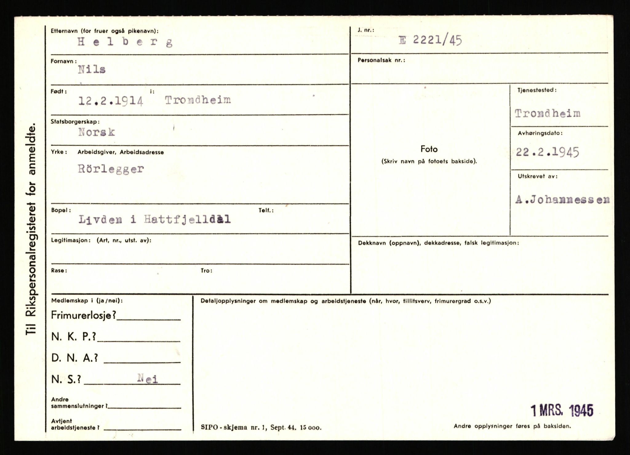 Statspolitiet - Hovedkontoret / Osloavdelingen, AV/RA-S-1329/C/Ca/L0006: Hanche - Hokstvedt, 1943-1945, p. 3210