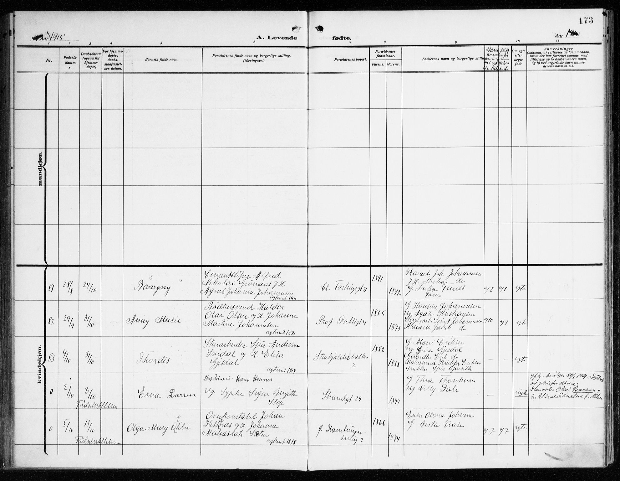 Korskirken sokneprestembete, AV/SAB-A-76101/H/Haa: Parish register (official) no. B 10, 1909-1923, p. 173