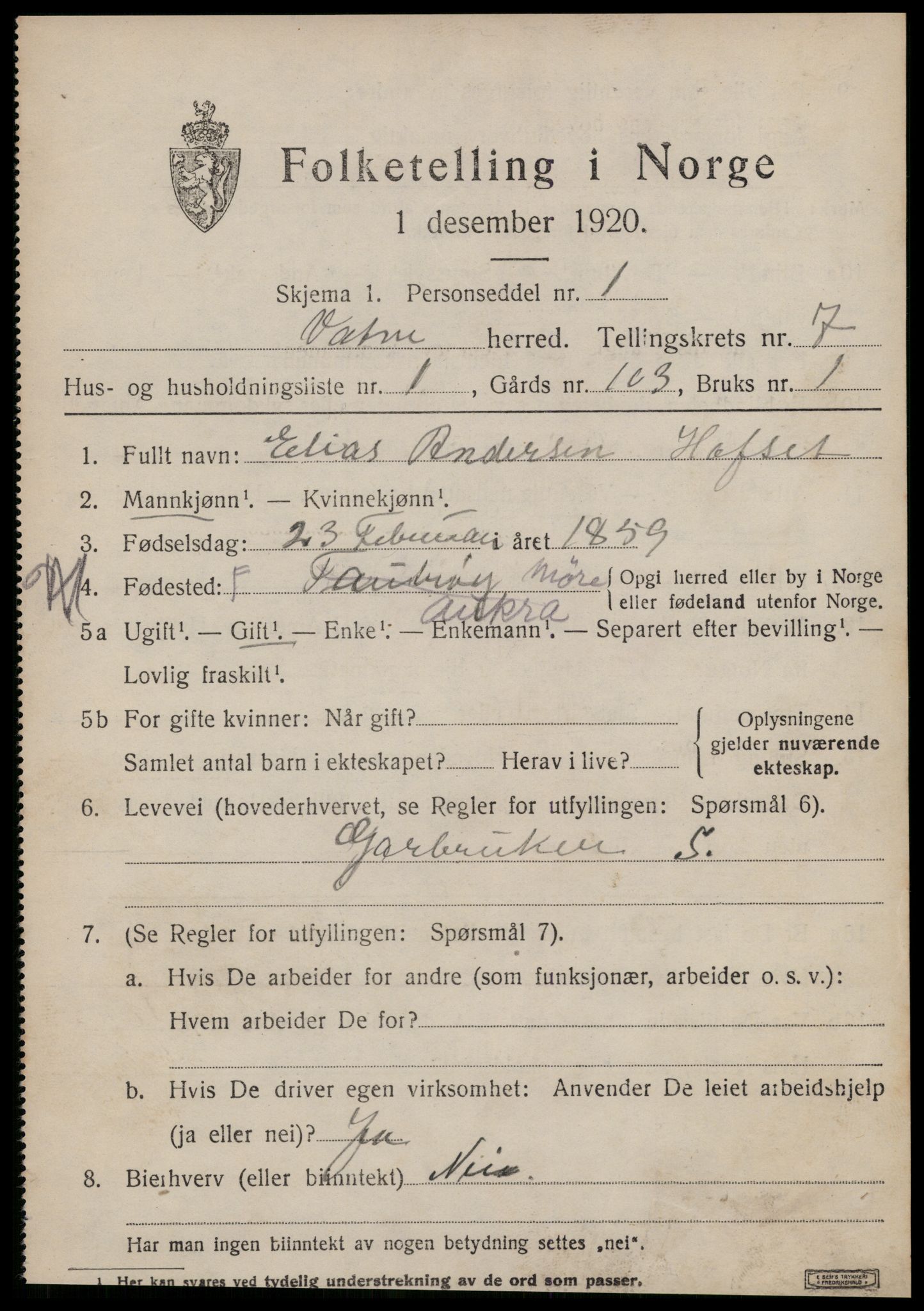 SAT, 1920 census for Vatne, 1920, p. 3124