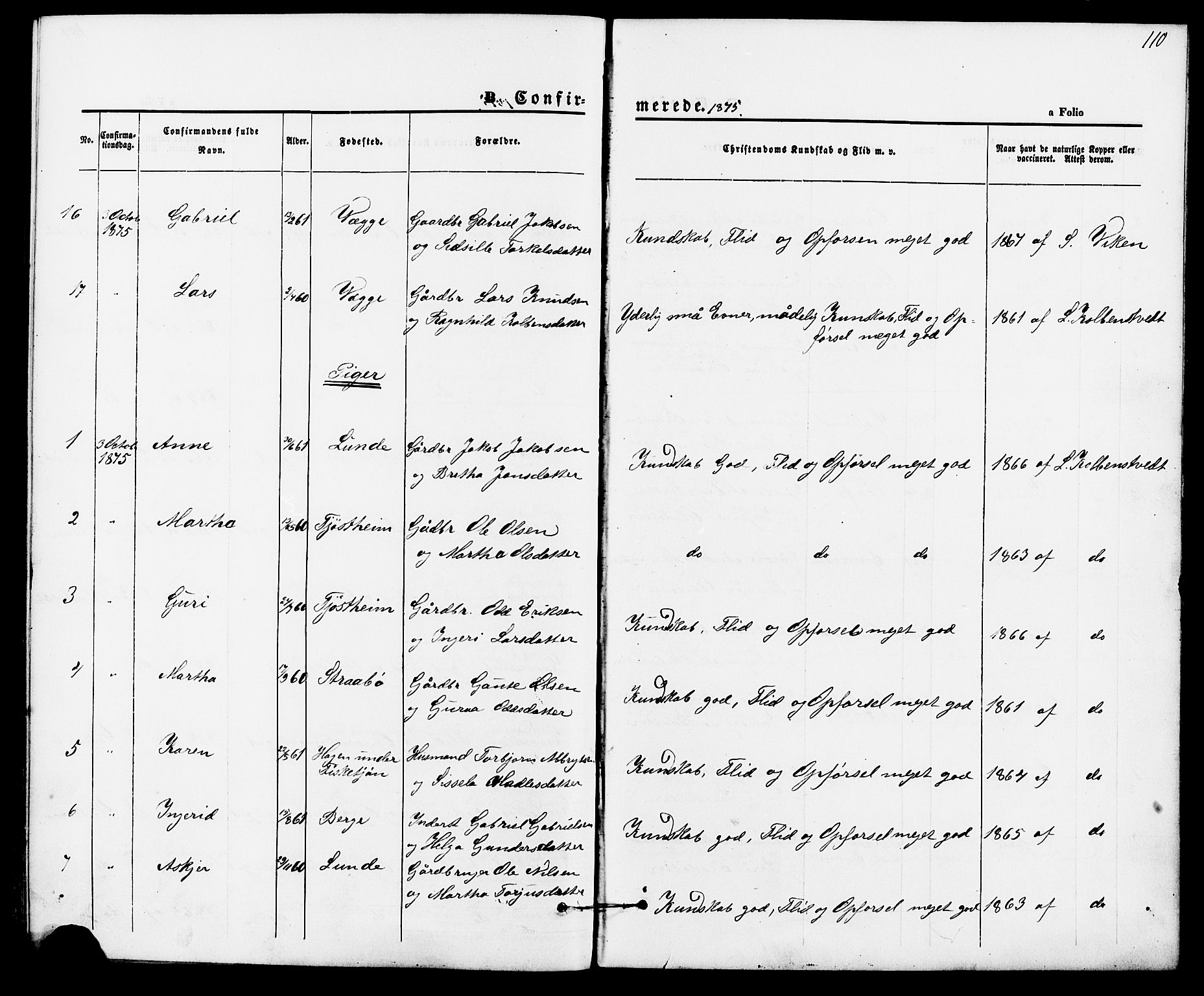 Suldal sokneprestkontor, AV/SAST-A-101845/01/IV/L0010: Parish register (official) no. A 10, 1869-1878, p. 110