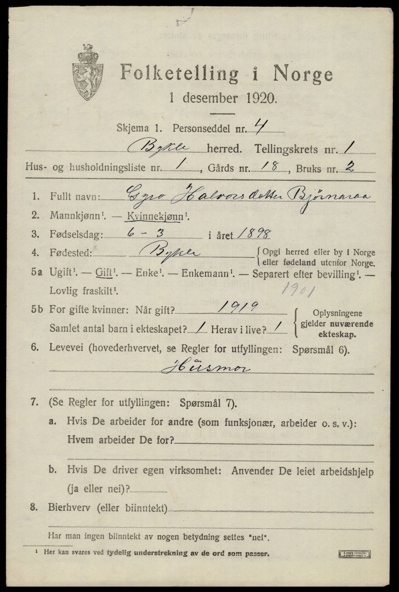 SAK, 1920 census for Bykle, 1920, p. 223