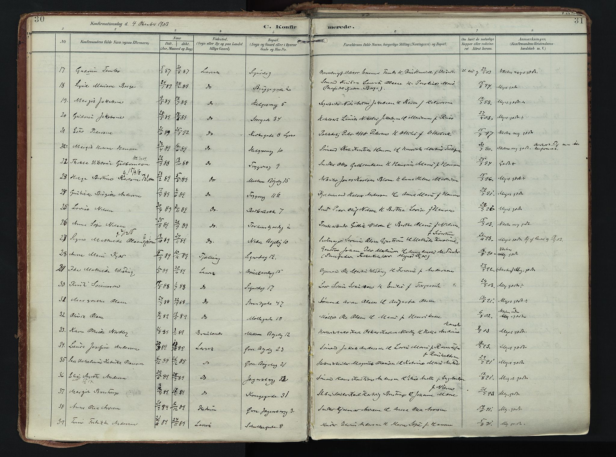 Larvik kirkebøker, SAKO/A-352/F/Fa/L0011: Parish register (official) no. I 11, 1902-1922, p. 30-31