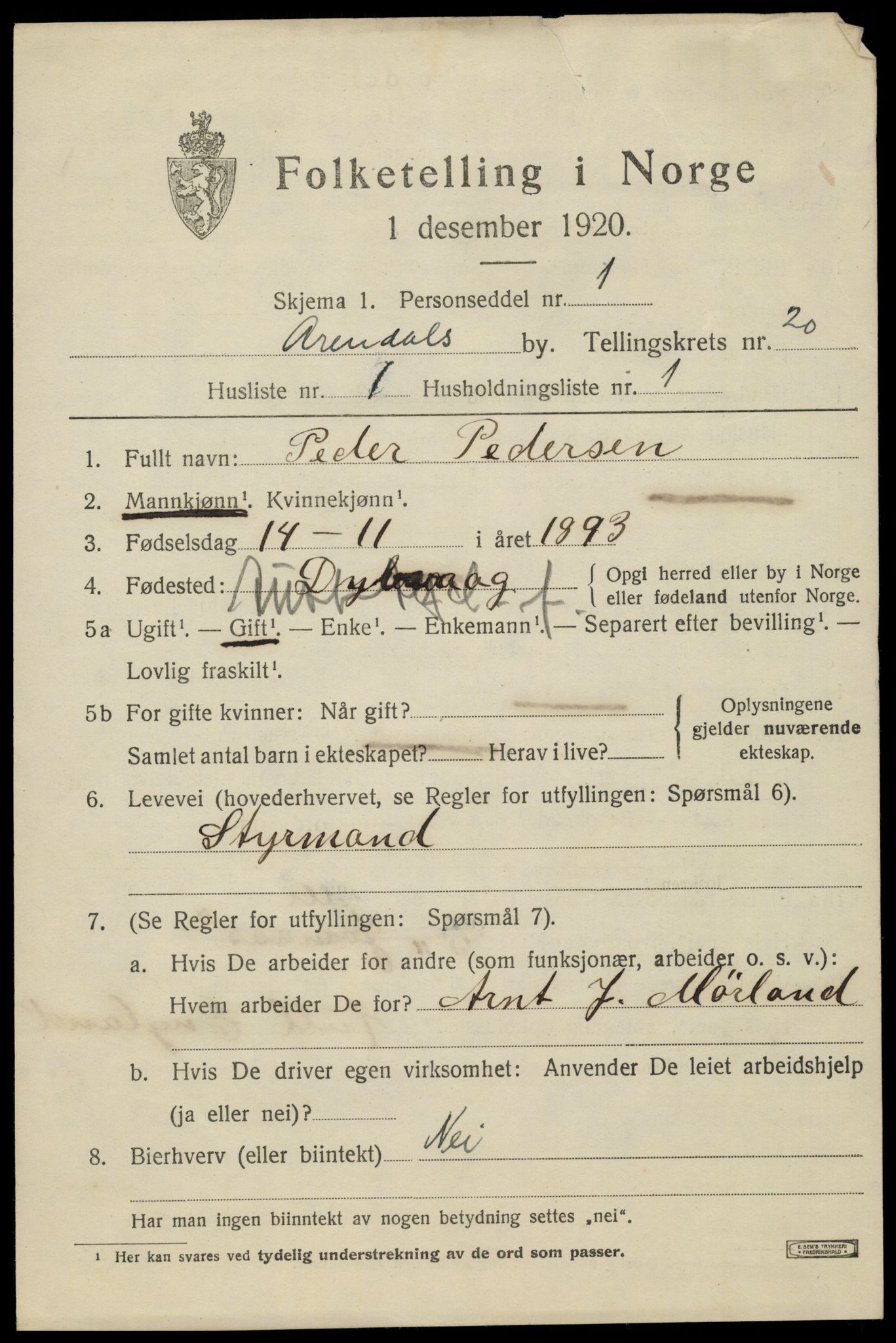 SAK, 1920 census for Arendal, 1920, p. 26846