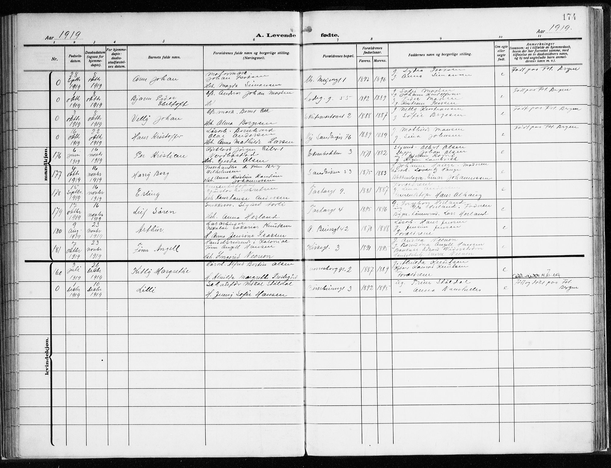 Sandviken Sokneprestembete, AV/SAB-A-77601/H/Ha/L0007: Parish register (official) no. B 4, 1912-1924, p. 174