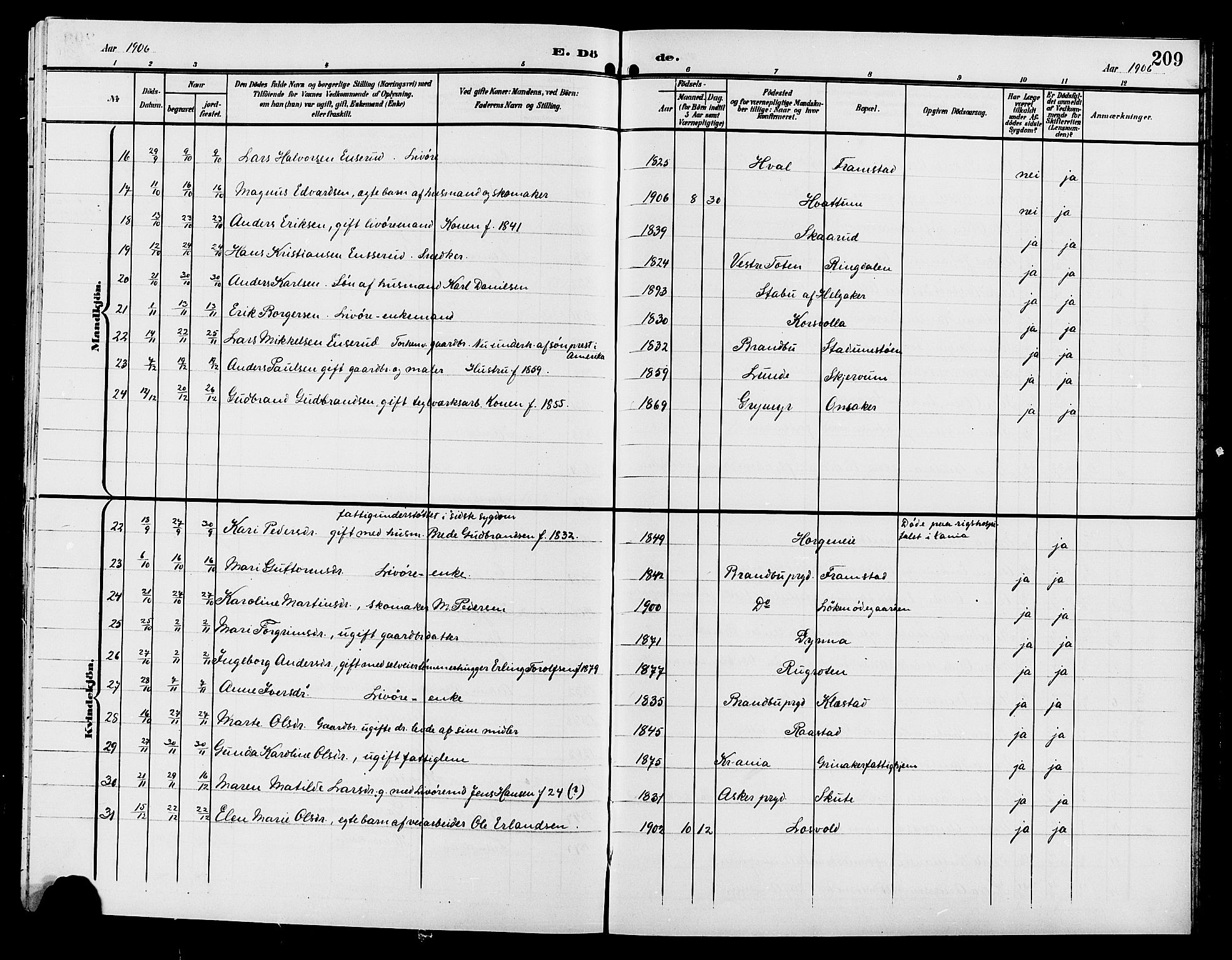 Gran prestekontor, SAH/PREST-112/H/Ha/Hab/L0006: Parish register (copy) no. 6, 1901-1911, p. 209