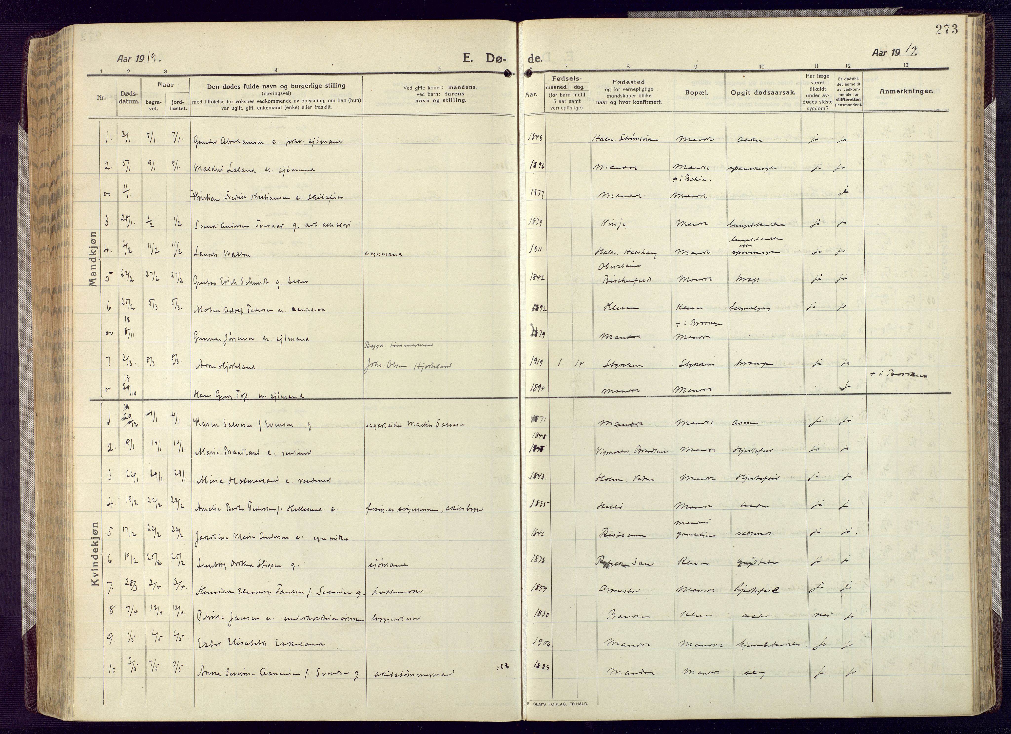 Mandal sokneprestkontor, SAK/1111-0030/F/Fa/Fac/L0001: Parish register (official) no. A 1, 1913-1925, p. 273