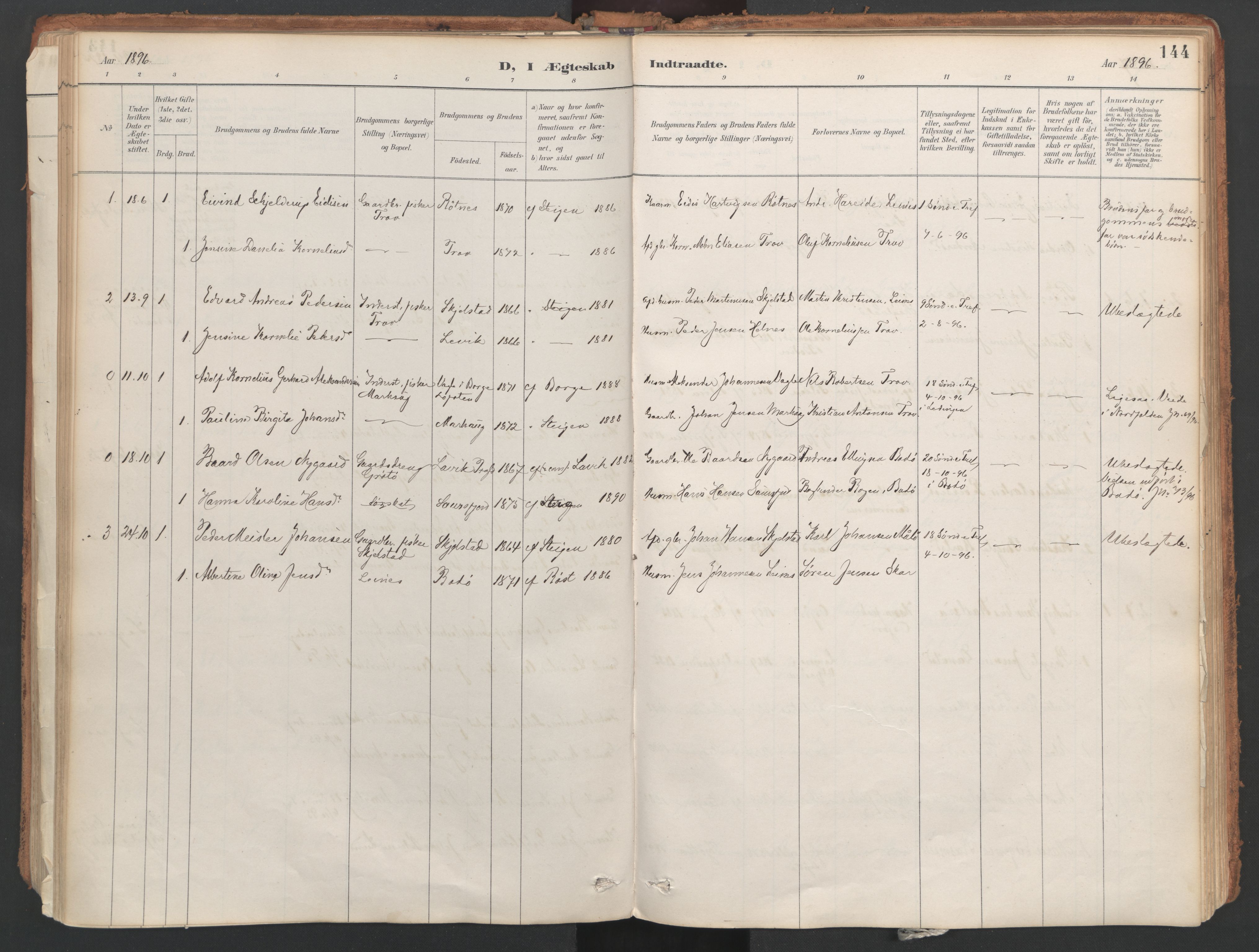 Ministerialprotokoller, klokkerbøker og fødselsregistre - Nordland, AV/SAT-A-1459/857/L0822: Parish register (official) no. 857A02, 1890-1917, p. 144