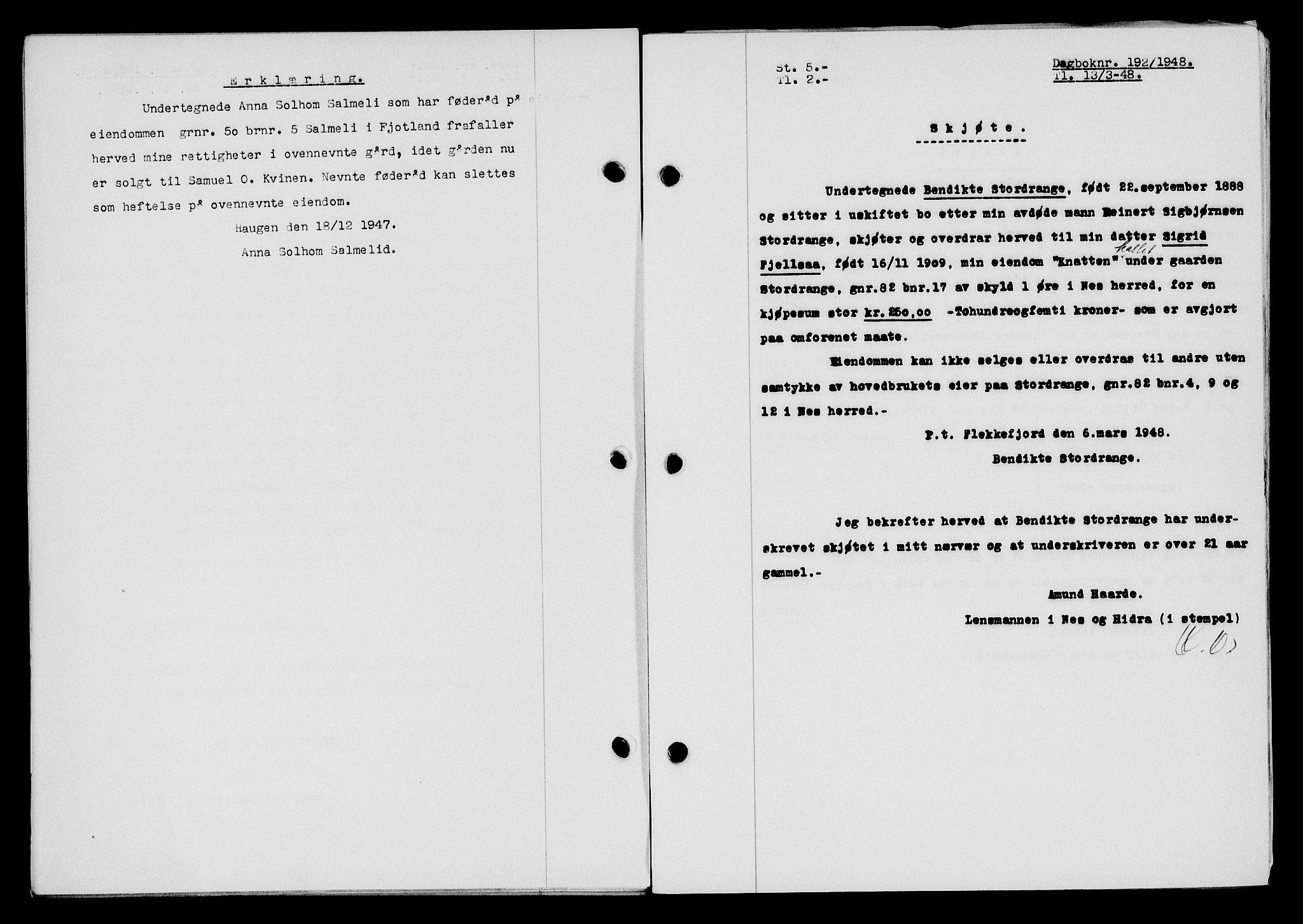 Flekkefjord sorenskriveri, SAK/1221-0001/G/Gb/Gba/L0063: Mortgage book no. A-11, 1947-1948, Diary no: : 192/1948