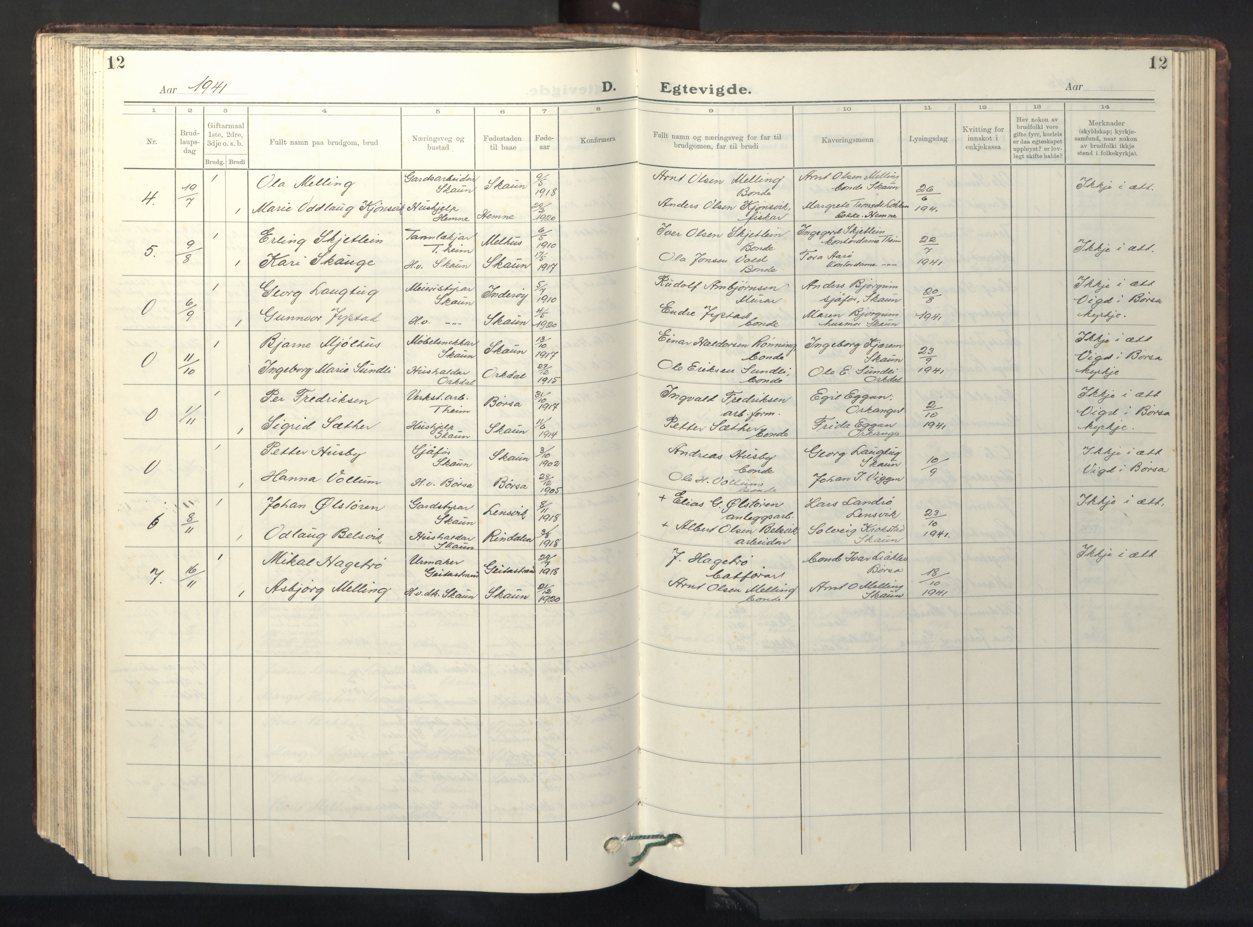 Ministerialprotokoller, klokkerbøker og fødselsregistre - Sør-Trøndelag, AV/SAT-A-1456/667/L0799: Parish register (copy) no. 667C04, 1929-1950, p. 12