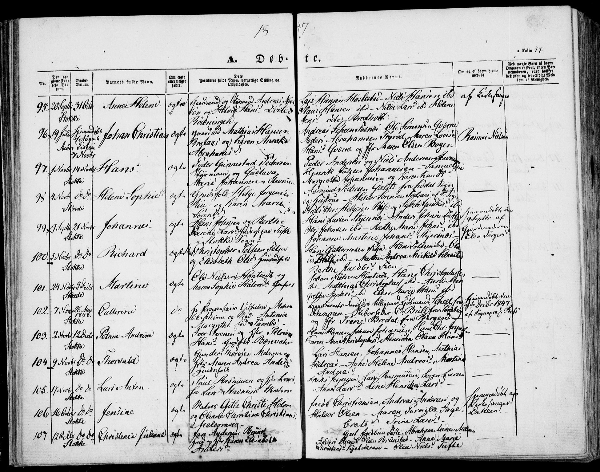 Stokke kirkebøker, SAKO/A-320/F/Fa/L0007: Parish register (official) no. I 7, 1844-1857, p. 47