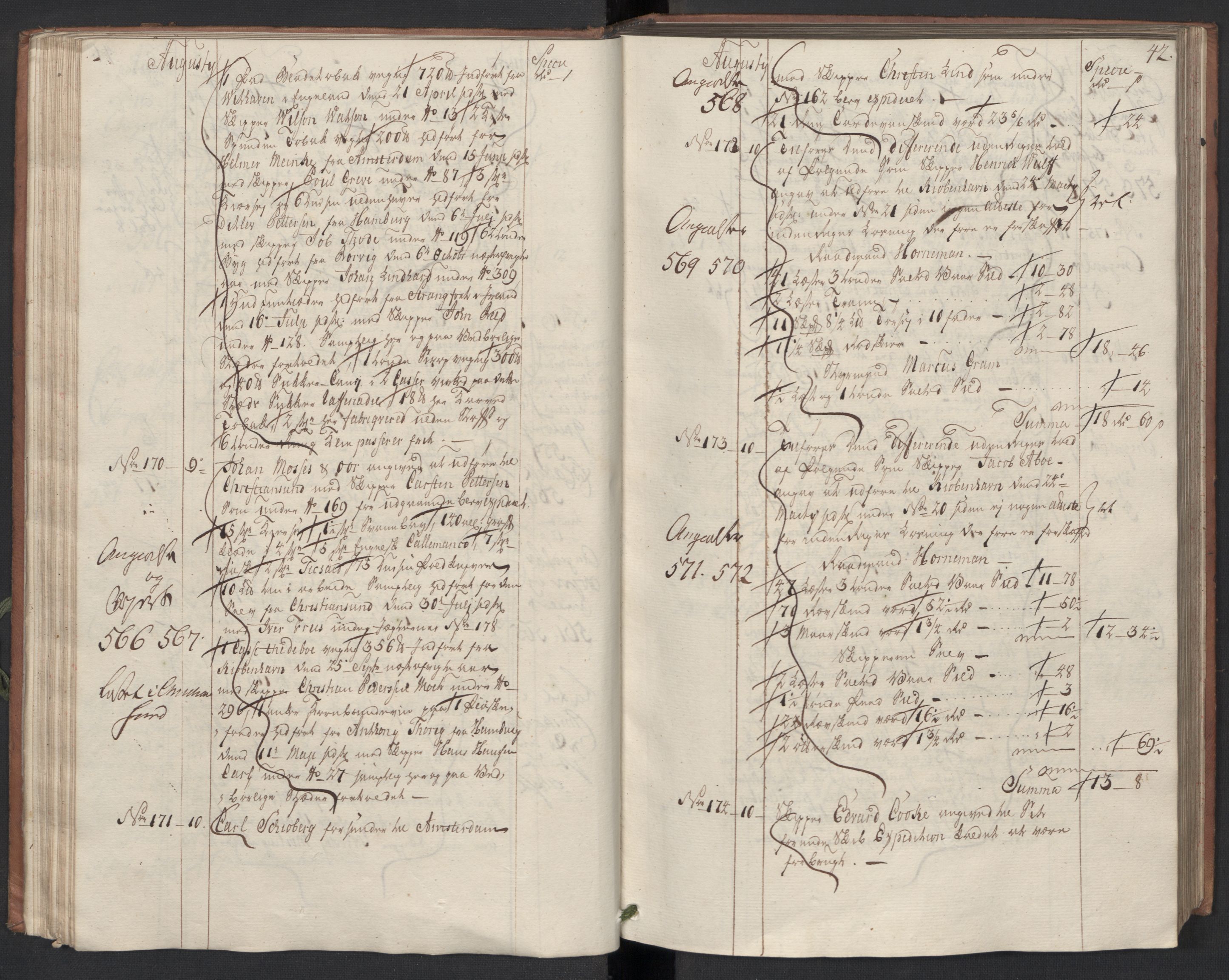 Generaltollkammeret, tollregnskaper, AV/RA-EA-5490/R33/L0048/0001: Tollregnskaper Trondheim A / Utgående hovedtollbok, 1756, p. 41b-42a