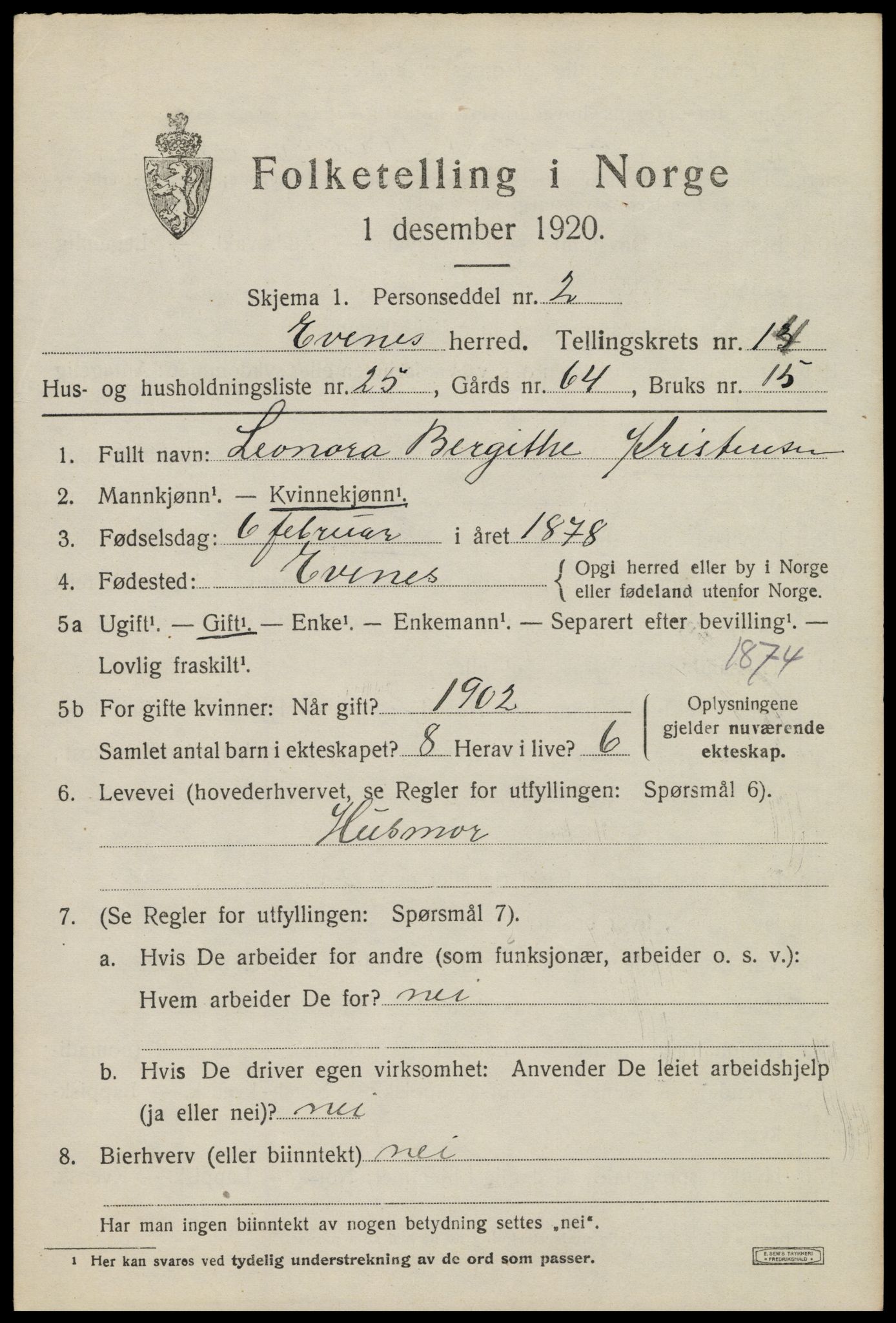 SAT, 1920 census for Evenes, 1920, p. 12490