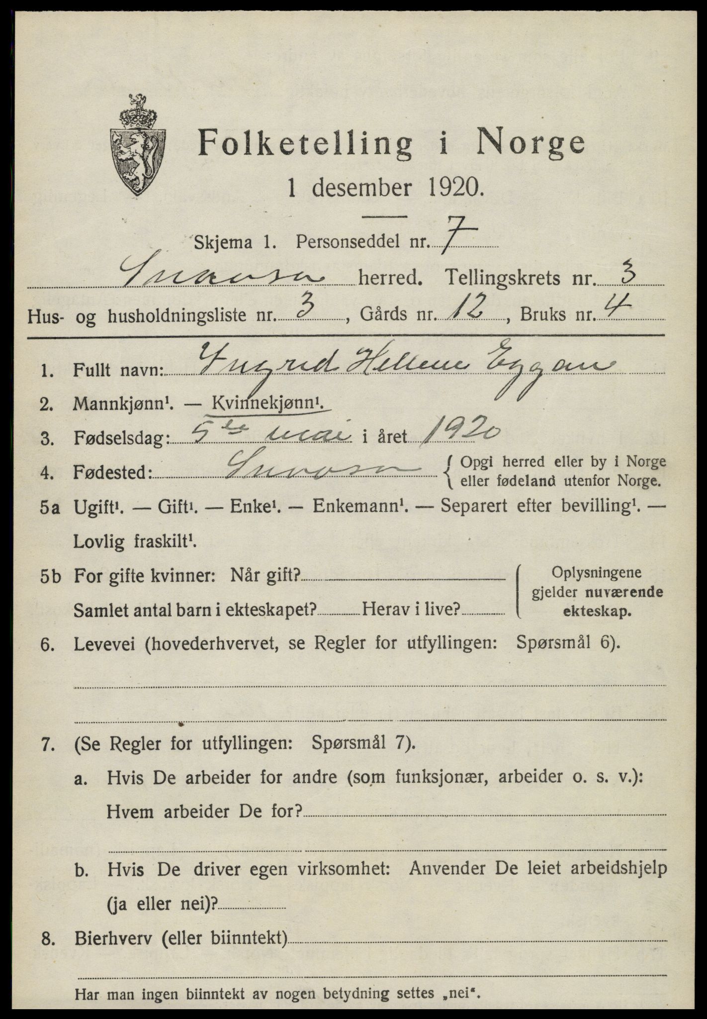 SAT, 1920 census for Snåsa, 1920, p. 1566